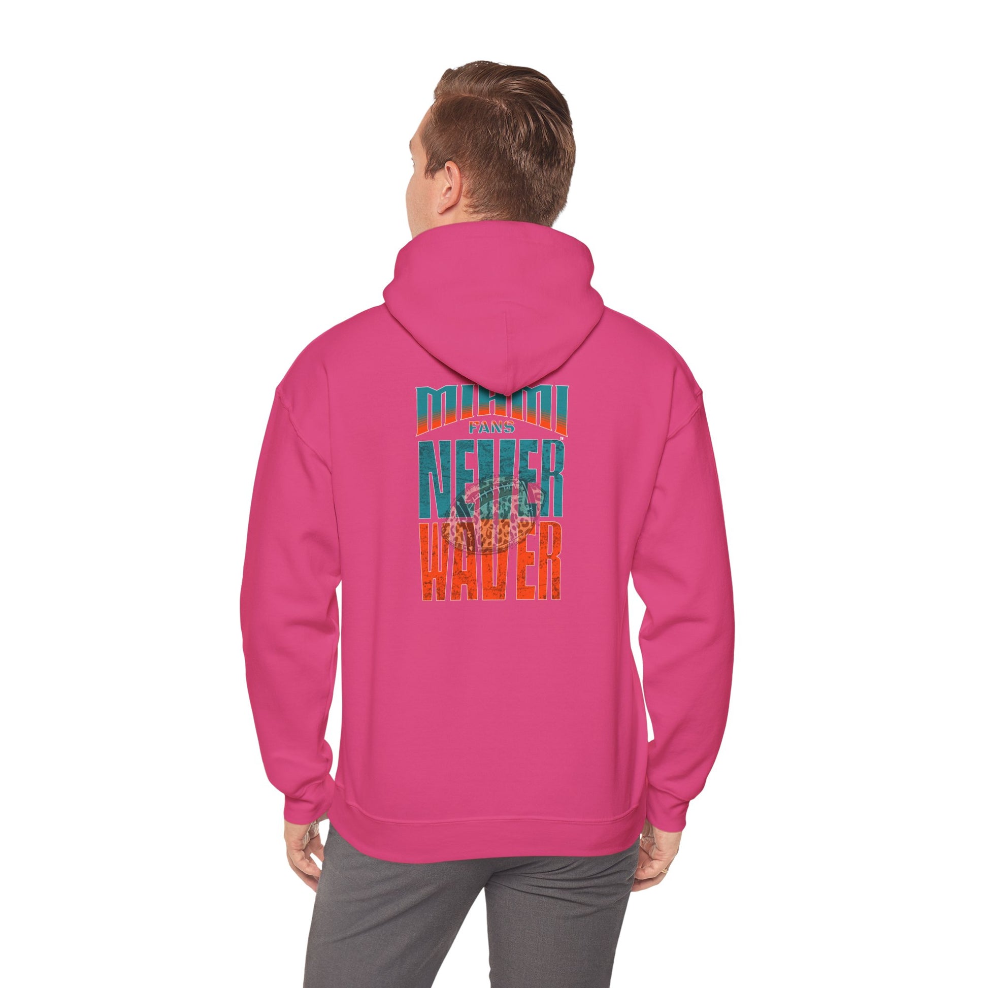 Unisex Heavy Blend™ Hooded Sweatshirt -Miami Fans  NEVER WAVER w Leopard Football | Cozy Streetwear for Every Day - Never Waver