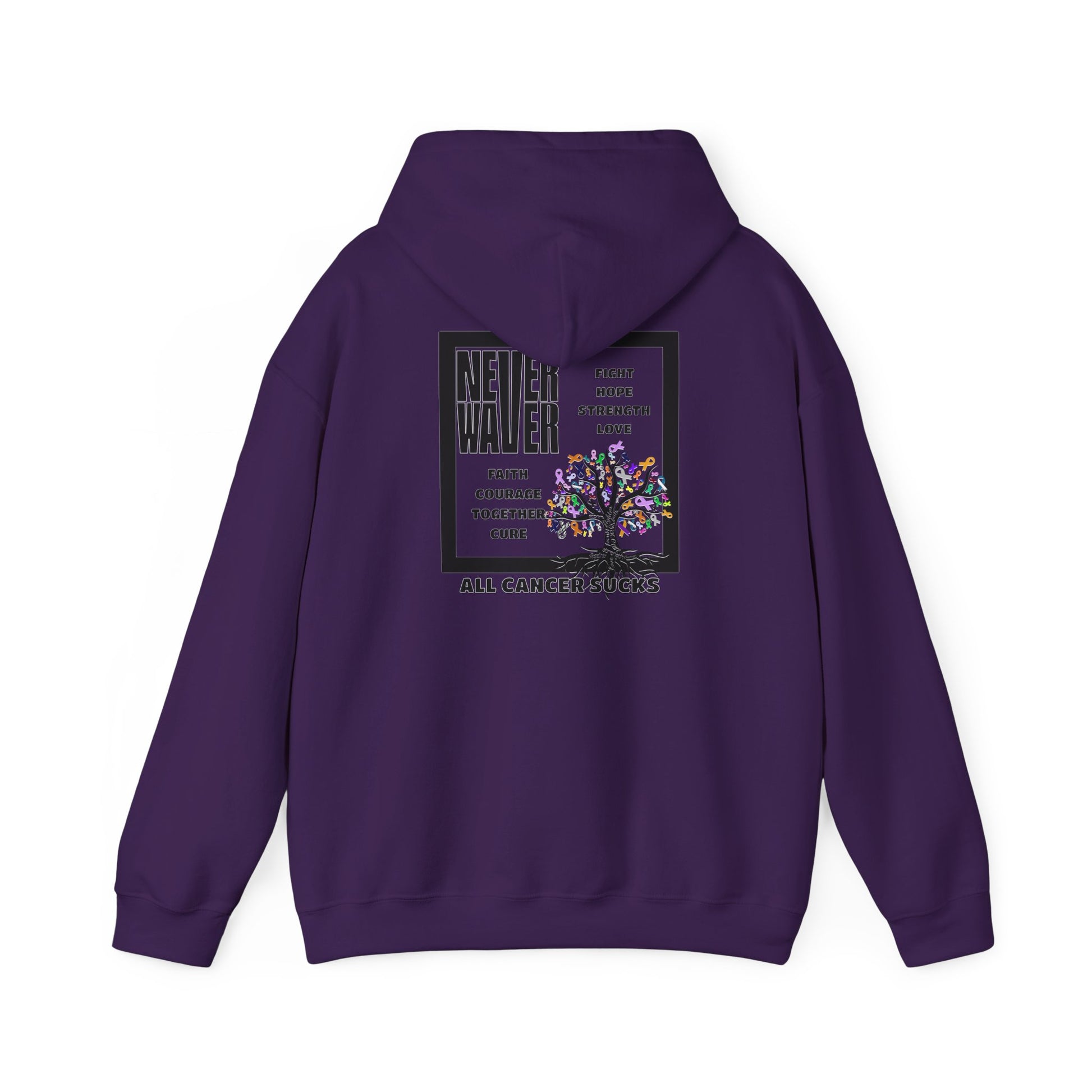 Cancer Awareness Hoodie - Never Waver - Fight, Hope, Strength, Love Tree of Ribbons - Never Waver