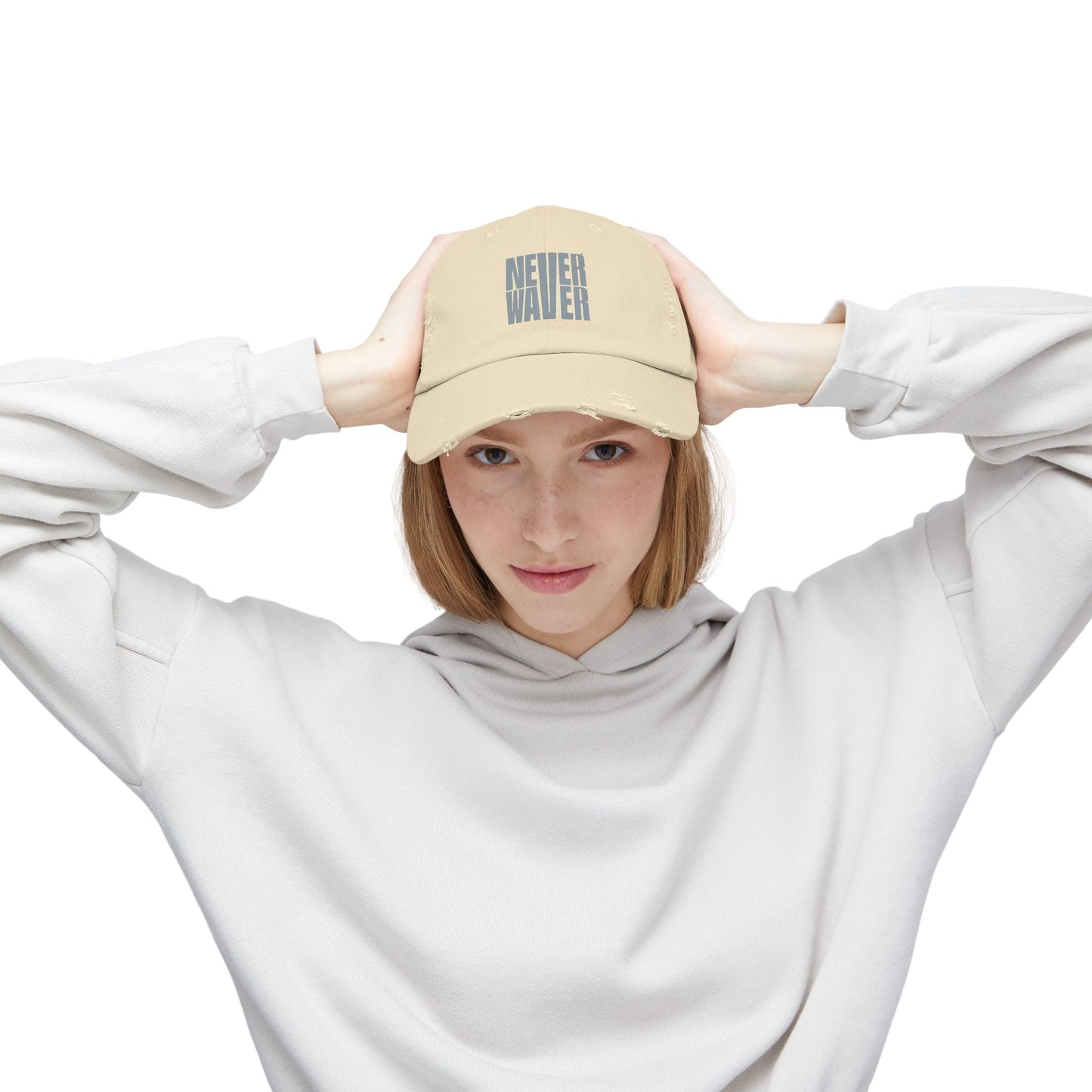 Unisex Distressed Cap - 'Never Waver' Casual Hat for Everyday Style