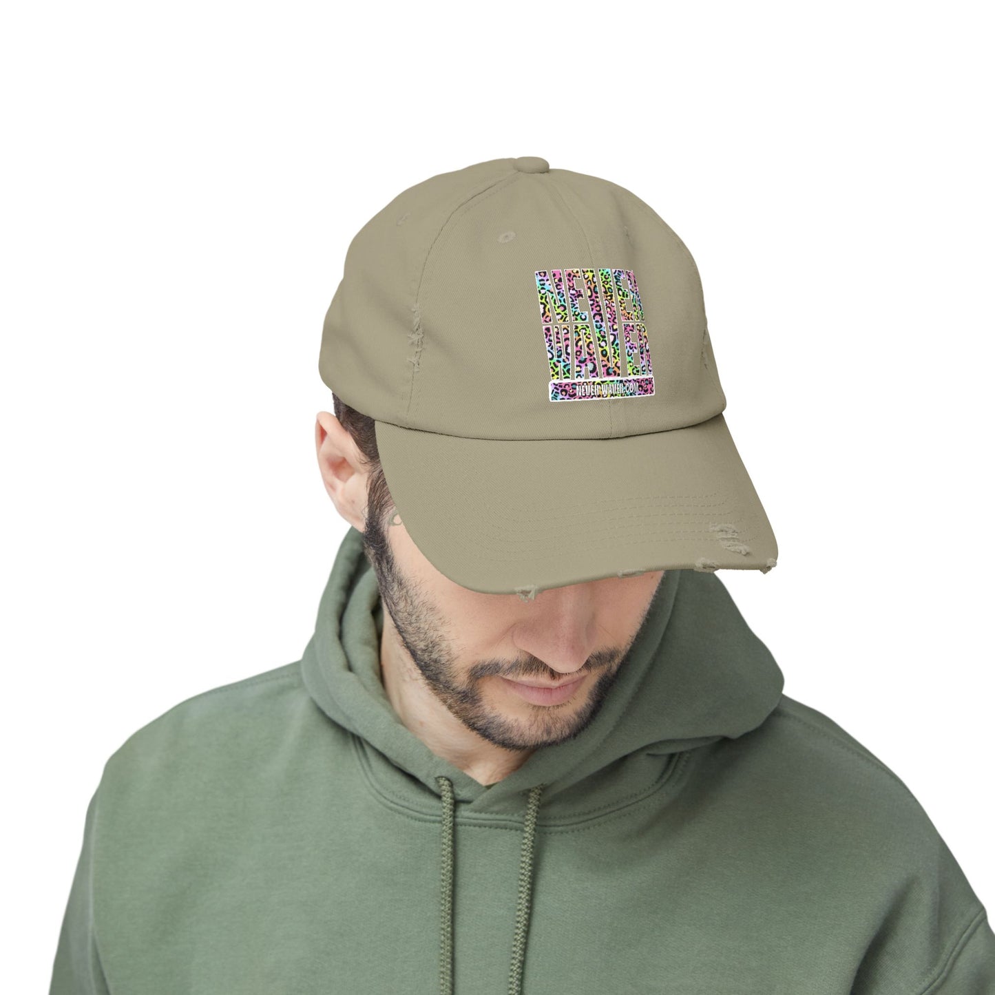 Unisex Distressed Cap - 'NEVER WAVER' Inspirational Hat for Everyday Wear Multi Color Leopard