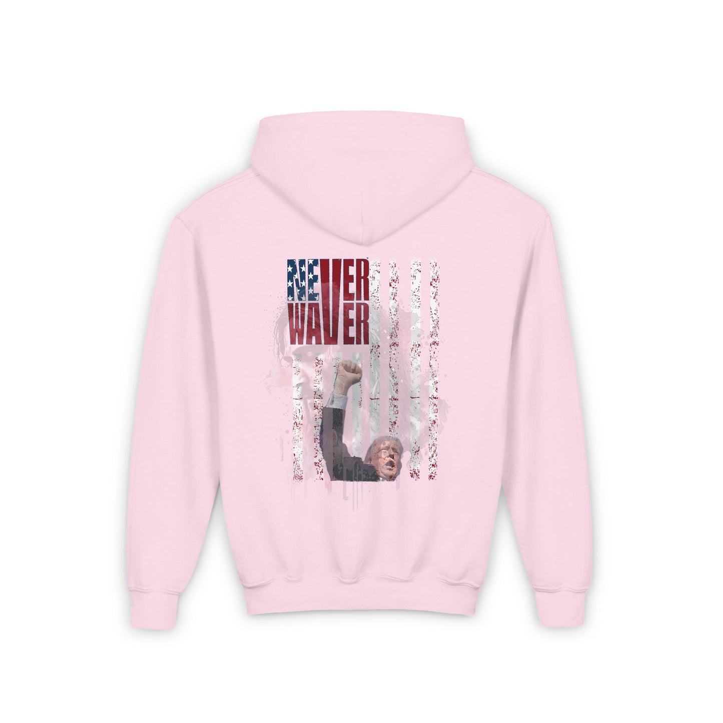 Never Waver Trump Fist Pump W Jesus Protection Vintage-Inspired Youth Hoodie with American Flag Design - Never Waver