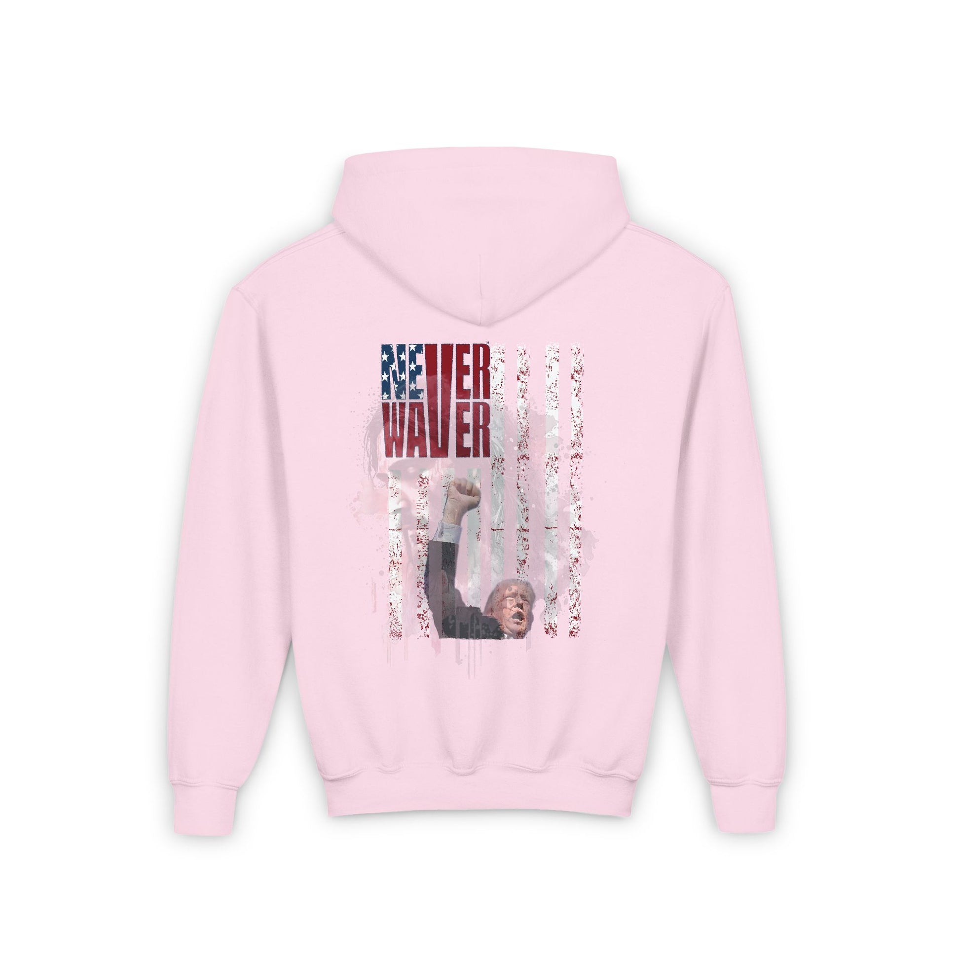 Never Waver Trump Fist Pump W Jesus Protection Vintage-Inspired Youth Hoodie with American Flag Design - Never Waver