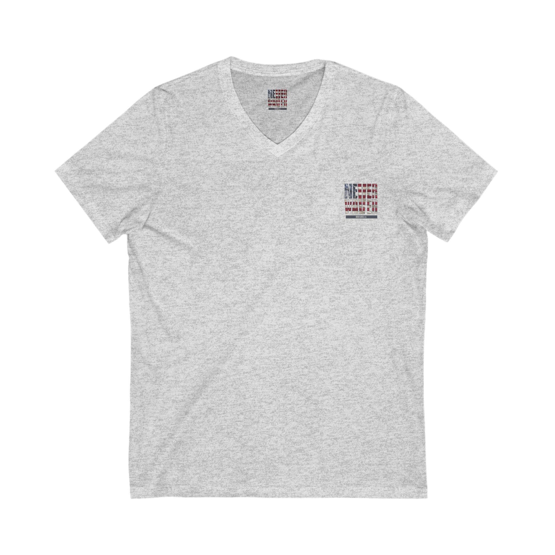 Unisex V-Neck Tee - 'America Never Wavers' Patriotic Shirt - Never Waver