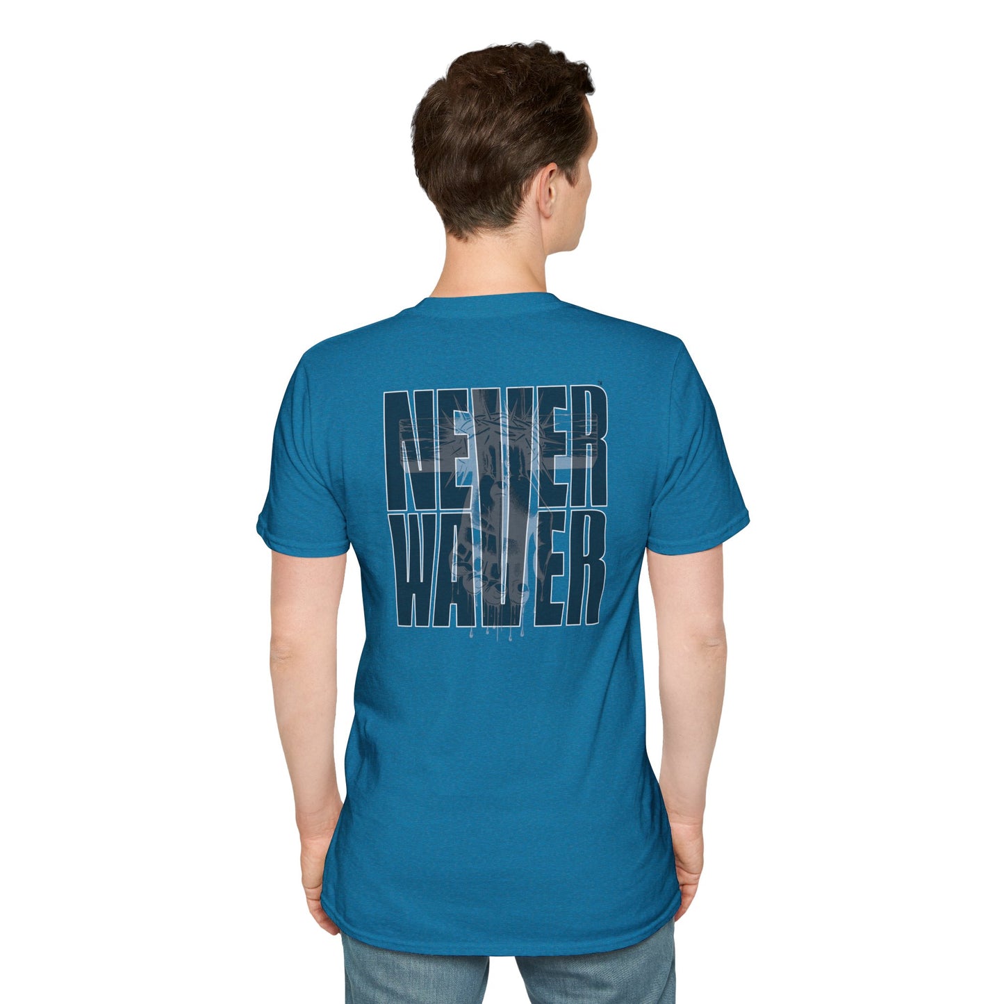Never Waver” Jesus a bold, eye-catching design that reflects a steadfast faith and confidence in Christ. Unisex Soft style T-Shirt - Never Waver