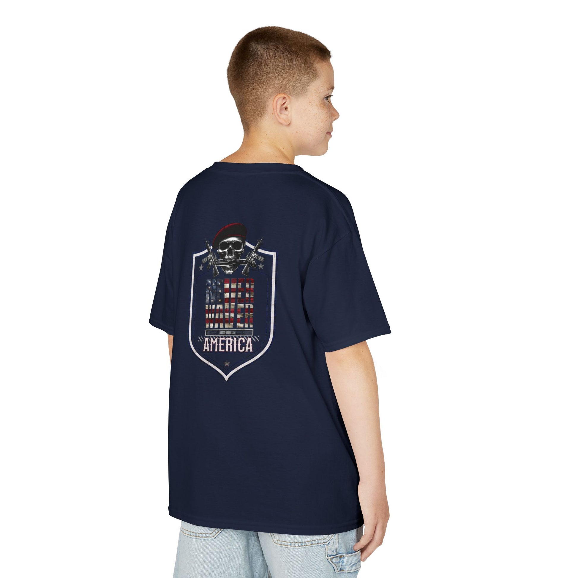 Patriotic Kids Heavy Cotton Tee - 'America Never Waver' USA Graphic Tee - Never Waver