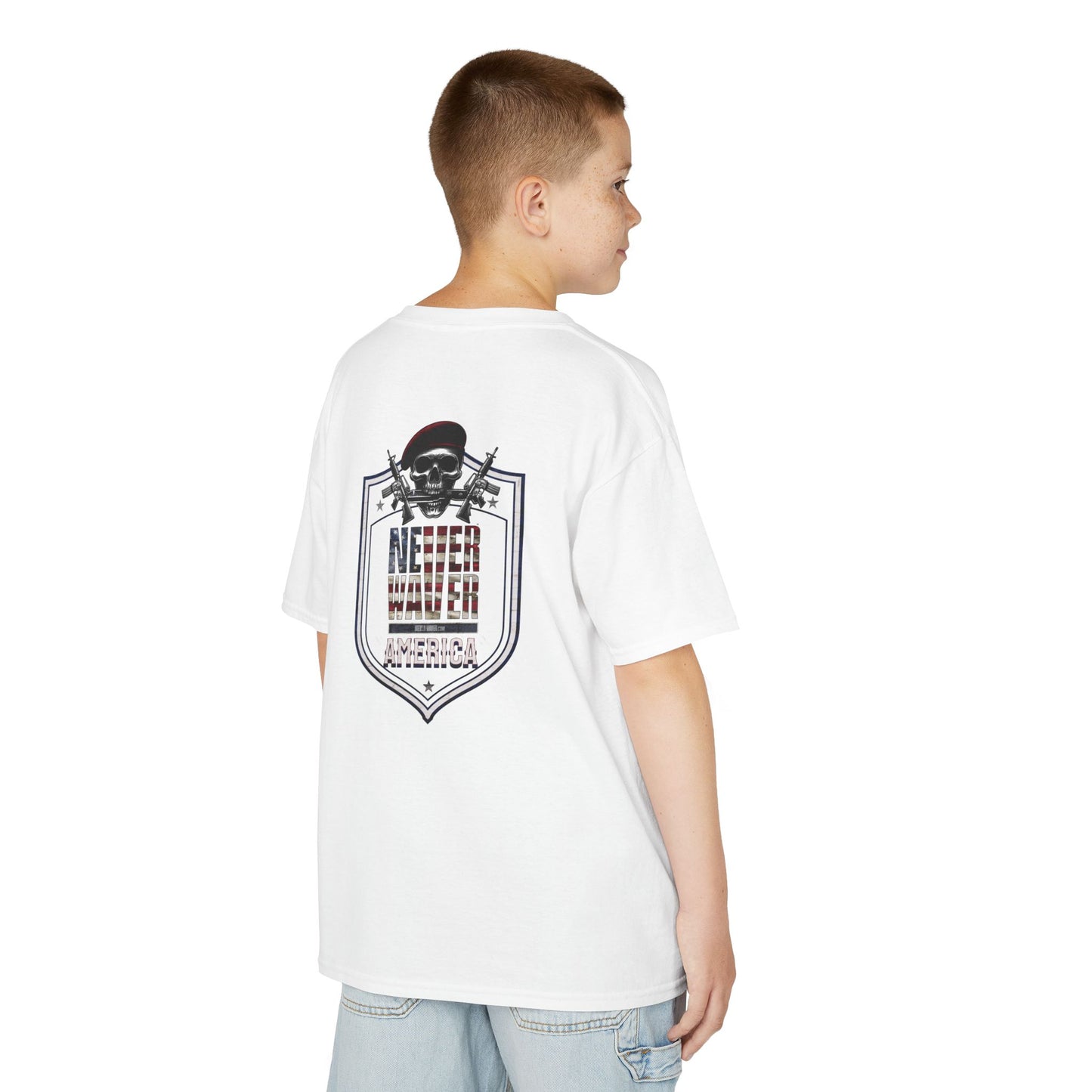 Patriotic Kids Heavy Cotton Tee - 'America Never Waver' USA Graphic Tee - Never Waver