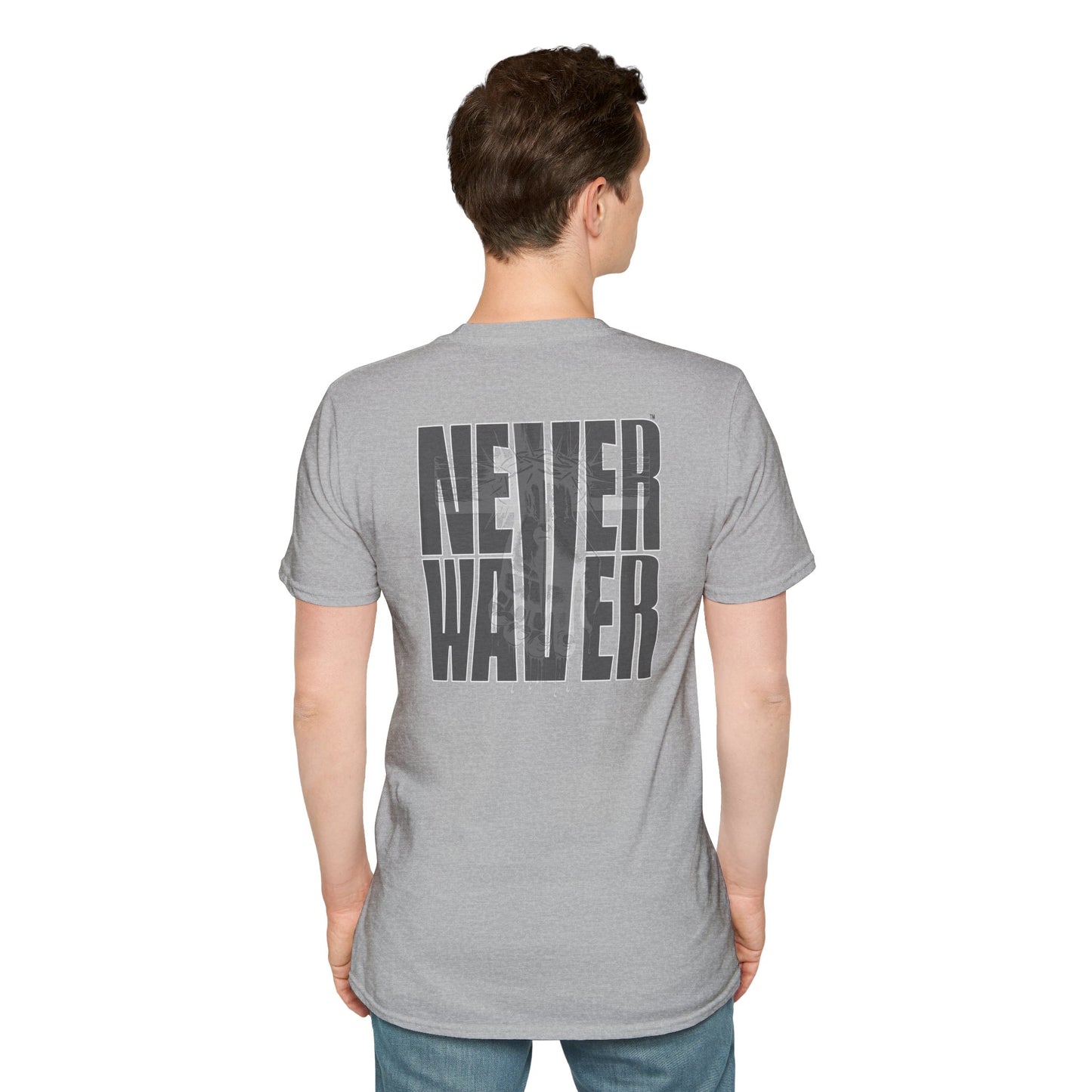 Never Waver” Jesus a bold, eye-catching design that reflects a steadfast faith and confidence in Christ. Unisex Soft style T-Shirt - Never Waver