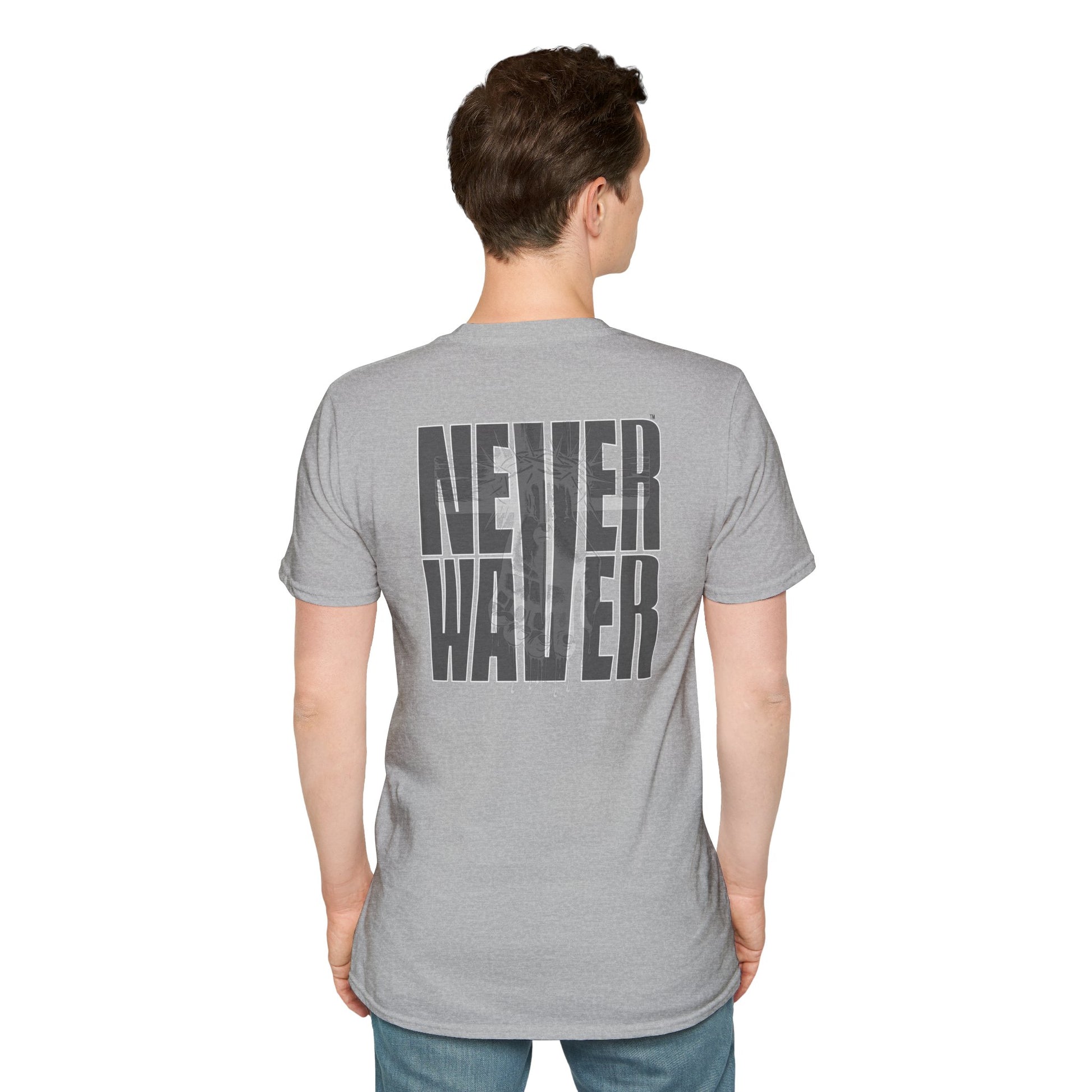 Never Waver” Jesus a bold, eye-catching design that reflects a steadfast faith and confidence in Christ. Unisex Soft style T-Shirt - Never Waver