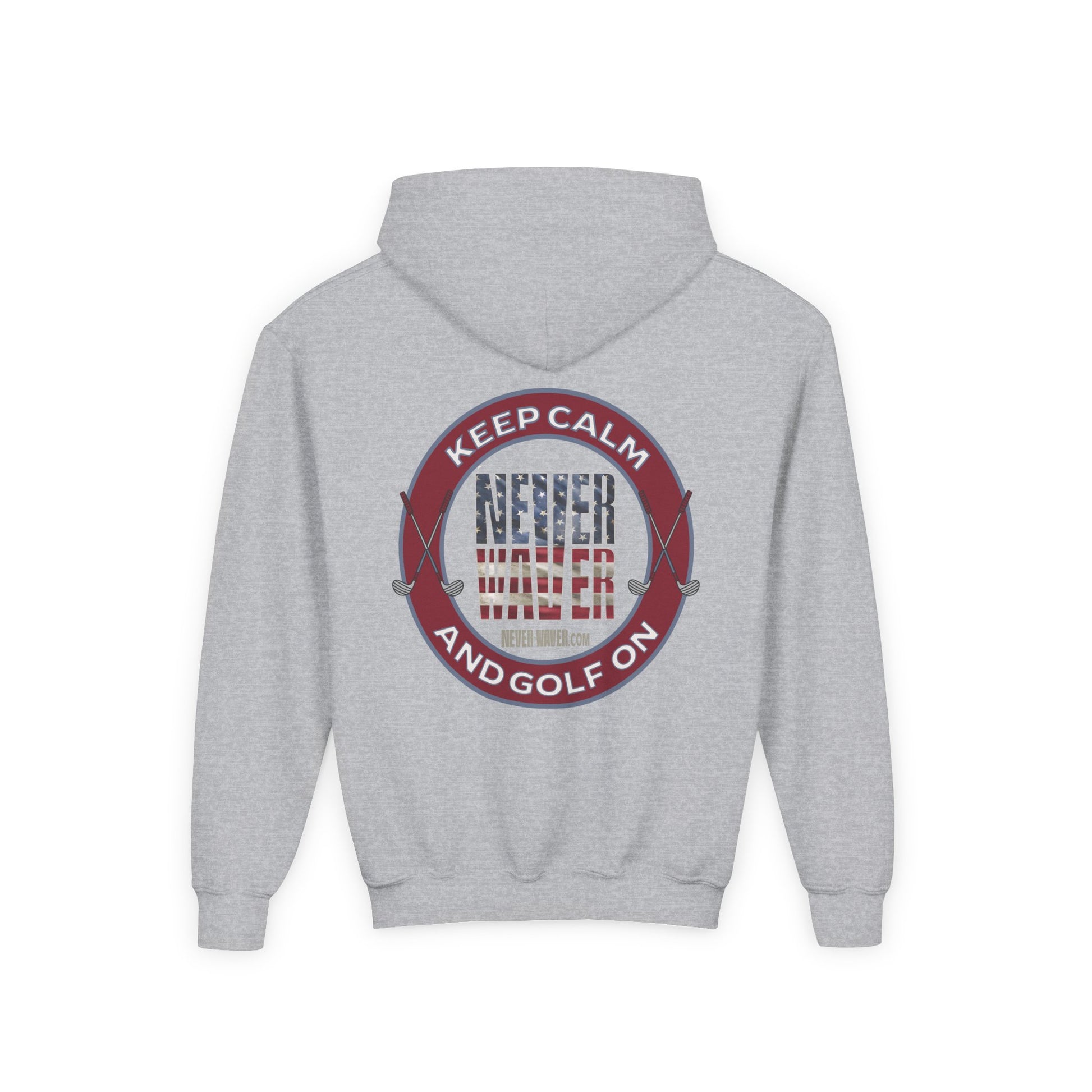 Youth Golf Hoodie - "Keep Calm Never Waver and Golf On" Sweatshirt for Young Golfers - Never Waver