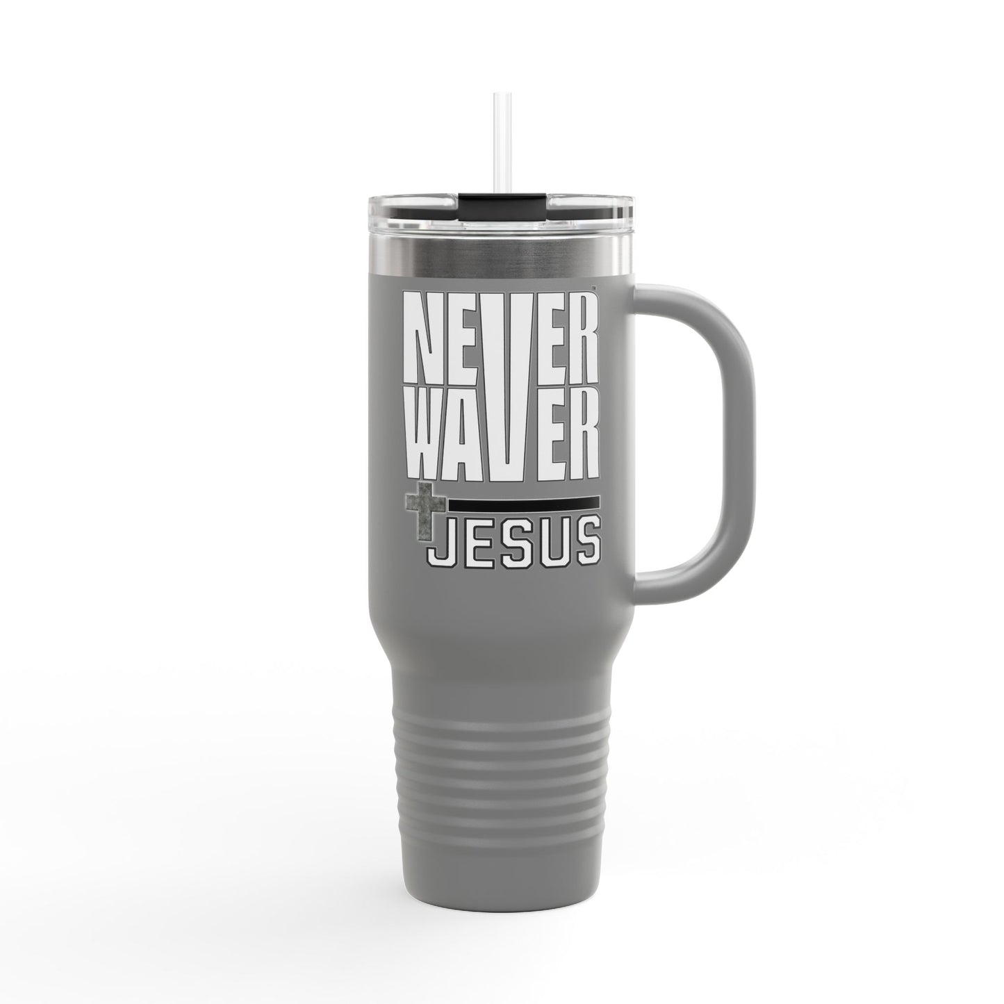 Insulated Travel Mug - "Never Waver” Jesus a bold, eye-catching design that reflects a steadfast faith and confidence in Christ. " - 40oz Sporty Drinkware - Never Waver