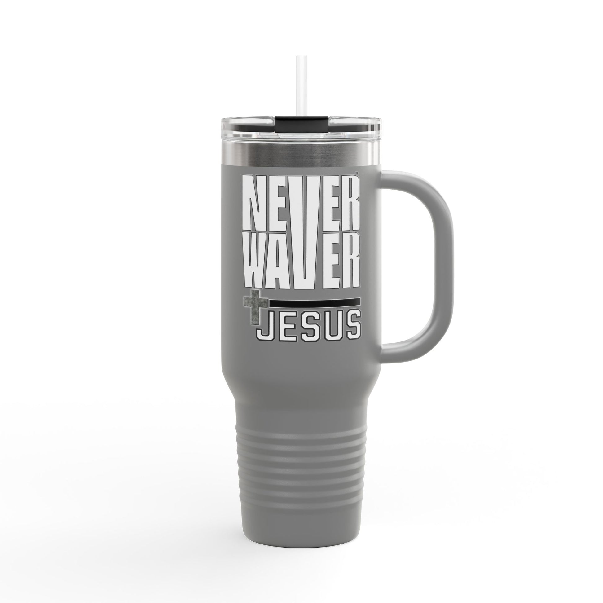Insulated Travel Mug - "Never Waver” Jesus a bold, eye-catching design that reflects a steadfast faith and confidence in Christ. " - 40oz Sporty Drinkware - Never Waver