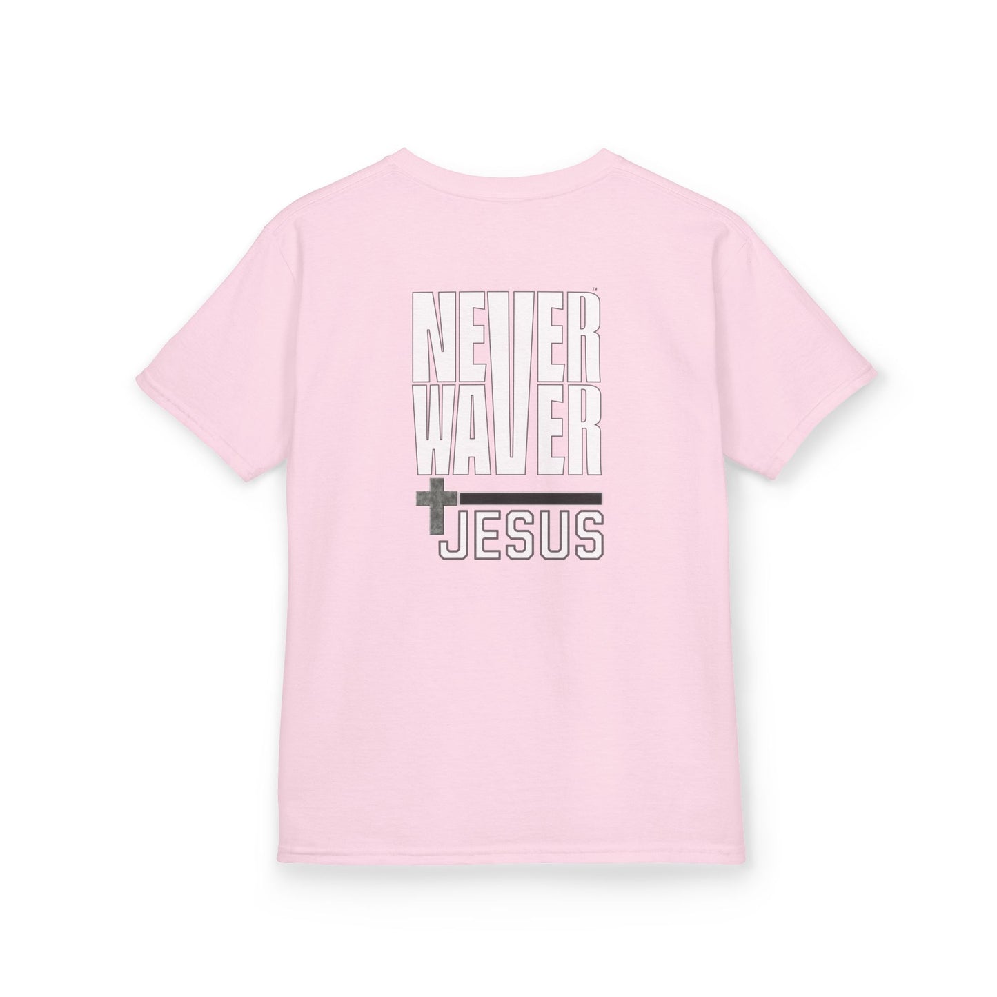 Kids Golf Tee -Never Waver” Jesus a bold, eye-catching design that reflects a steadfast faith and confidence in Christ. - Never Waver