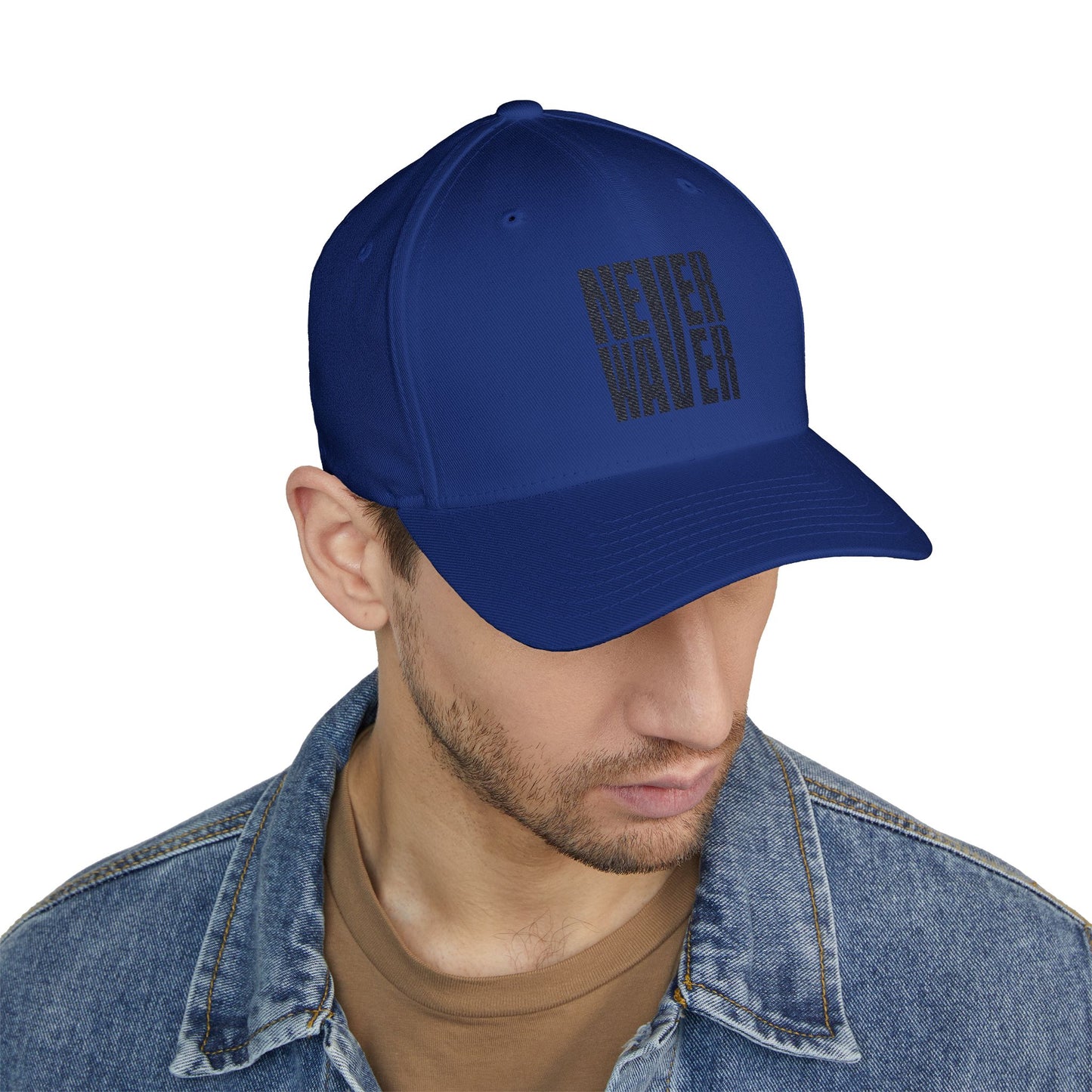 Never Waver Embroidered Cap - Structured White Baseball Hat for Motivation and Style