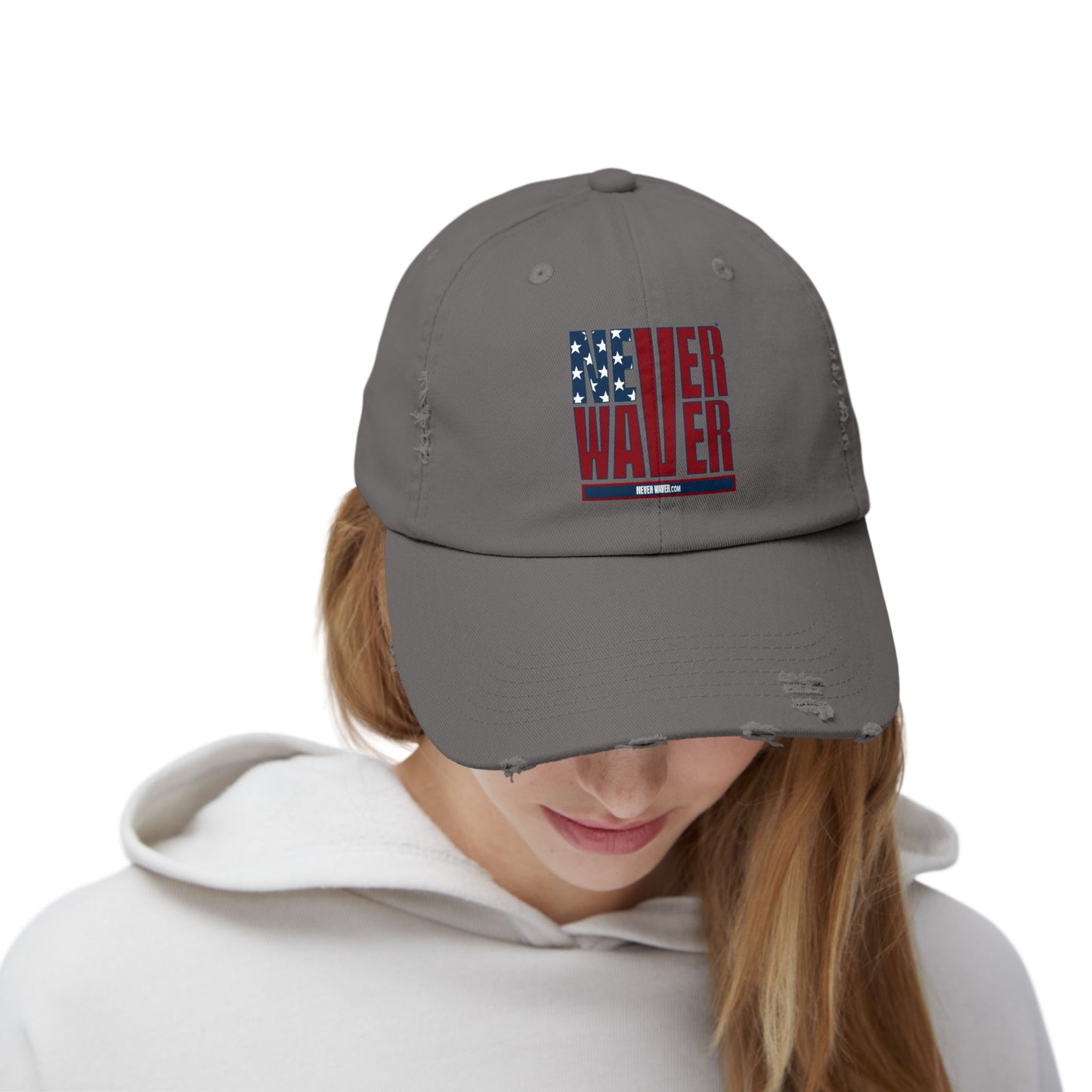 Unisex Distressed Cap - 'Never Waver' Casual Hat for Everyday Style Patriotic