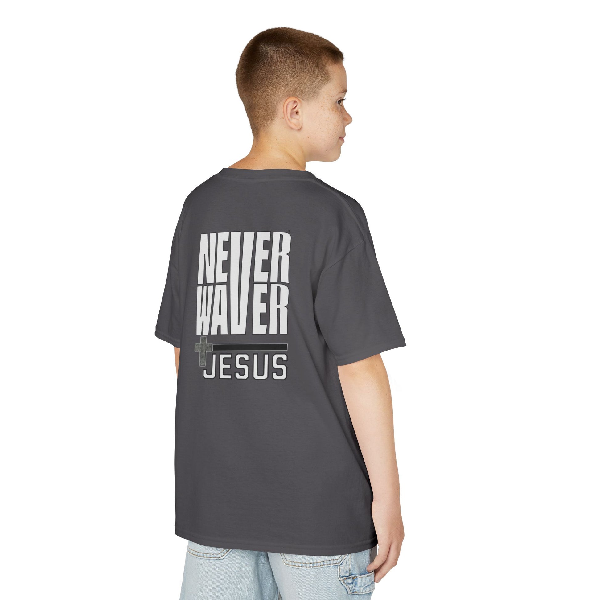 Kids Golf Tee -Never Waver” Jesus a bold, eye-catching design that reflects a steadfast faith and confidence in Christ. - Never Waver