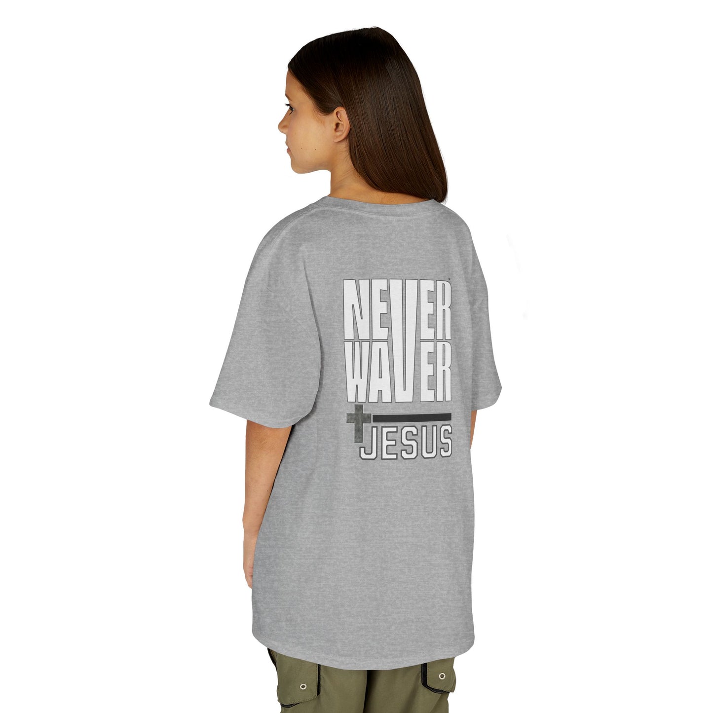 Kids Golf Tee -Never Waver” Jesus a bold, eye-catching design that reflects a steadfast faith and confidence in Christ. - Never Waver