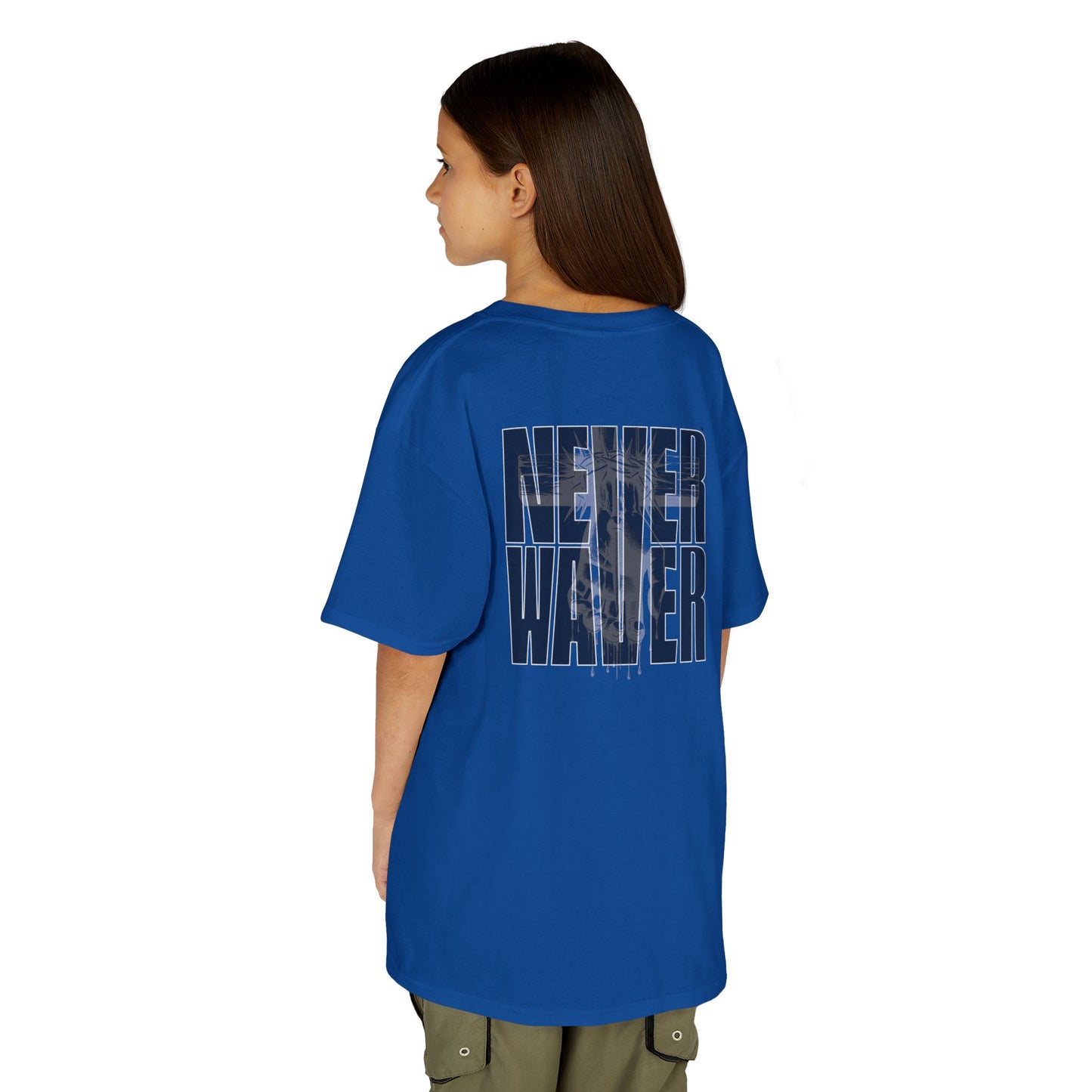 Kids Tee Never Waver” Jesus t-shirt might feature a bold, eye-catching design that reflects a steadfast faith and confidence in Christ.  - Never Waver