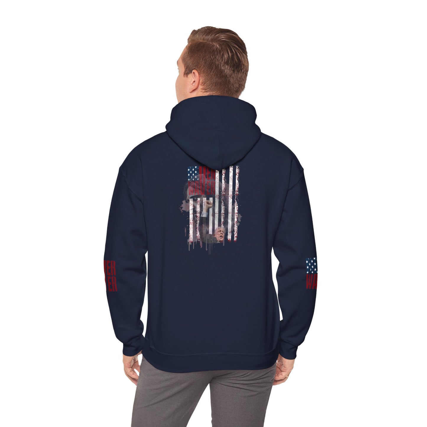 Unisex Heavy Blend™ Hooded Sweatshirt - Stylish Comfort with 'Never Waver Trump Fist Pump W Jesus  Protection' Design - Never Waver