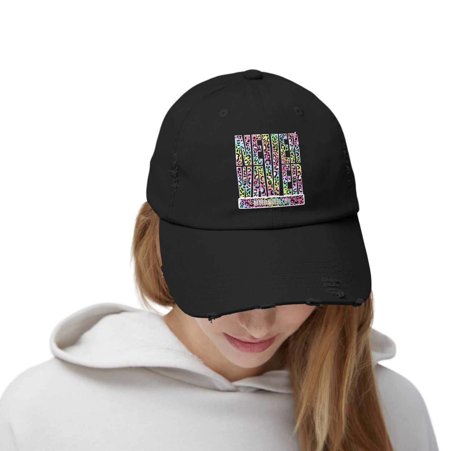 Unisex Distressed Cap - 'NEVER WAVER' Inspirational Hat for Everyday Wear Multi Color Leopard