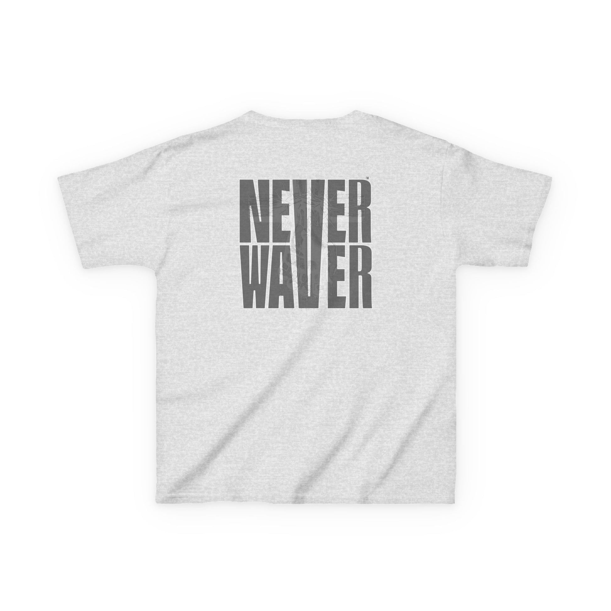 Kids Tee Never Waver” Jesus t-shirt might feature a bold, eye-catching design that reflects a steadfast faith and confidence in Christ.  - Never Waver