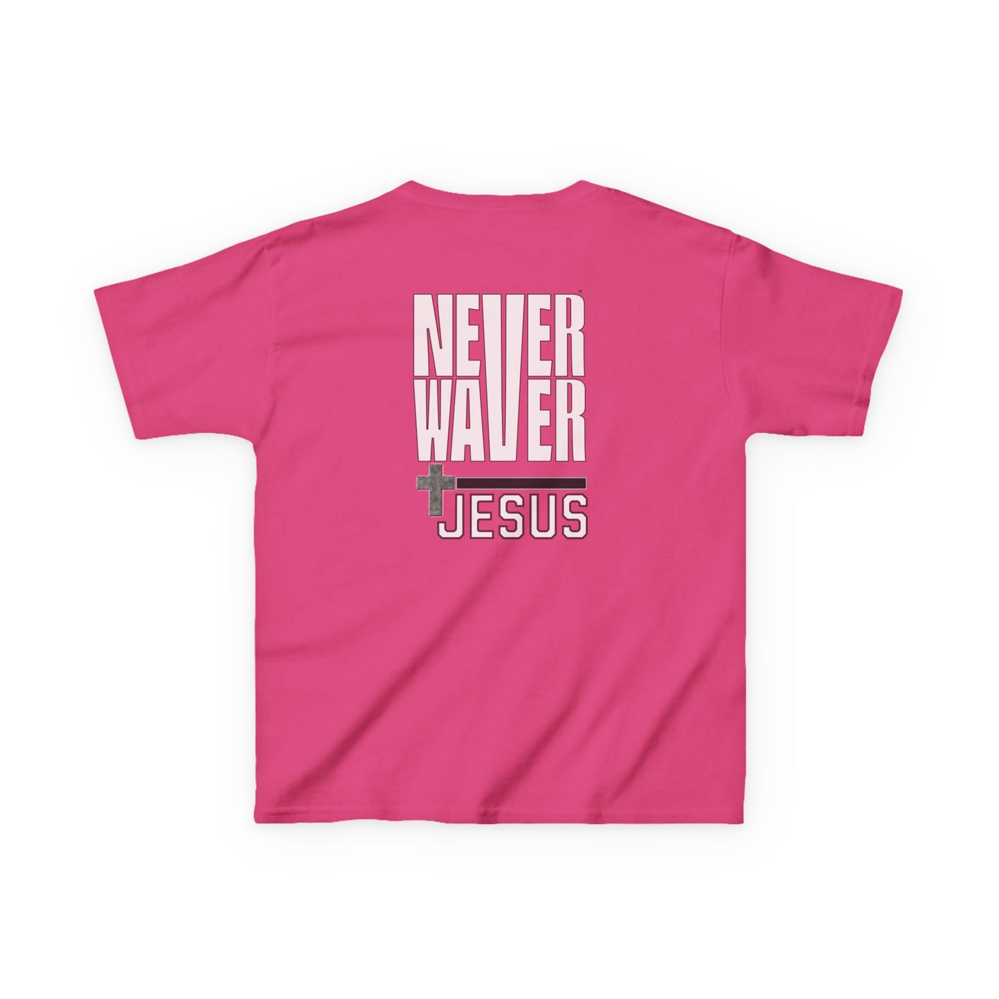 Kids Golf Tee -Never Waver” Jesus a bold, eye-catching design that reflects a steadfast faith and confidence in Christ. - Never Waver