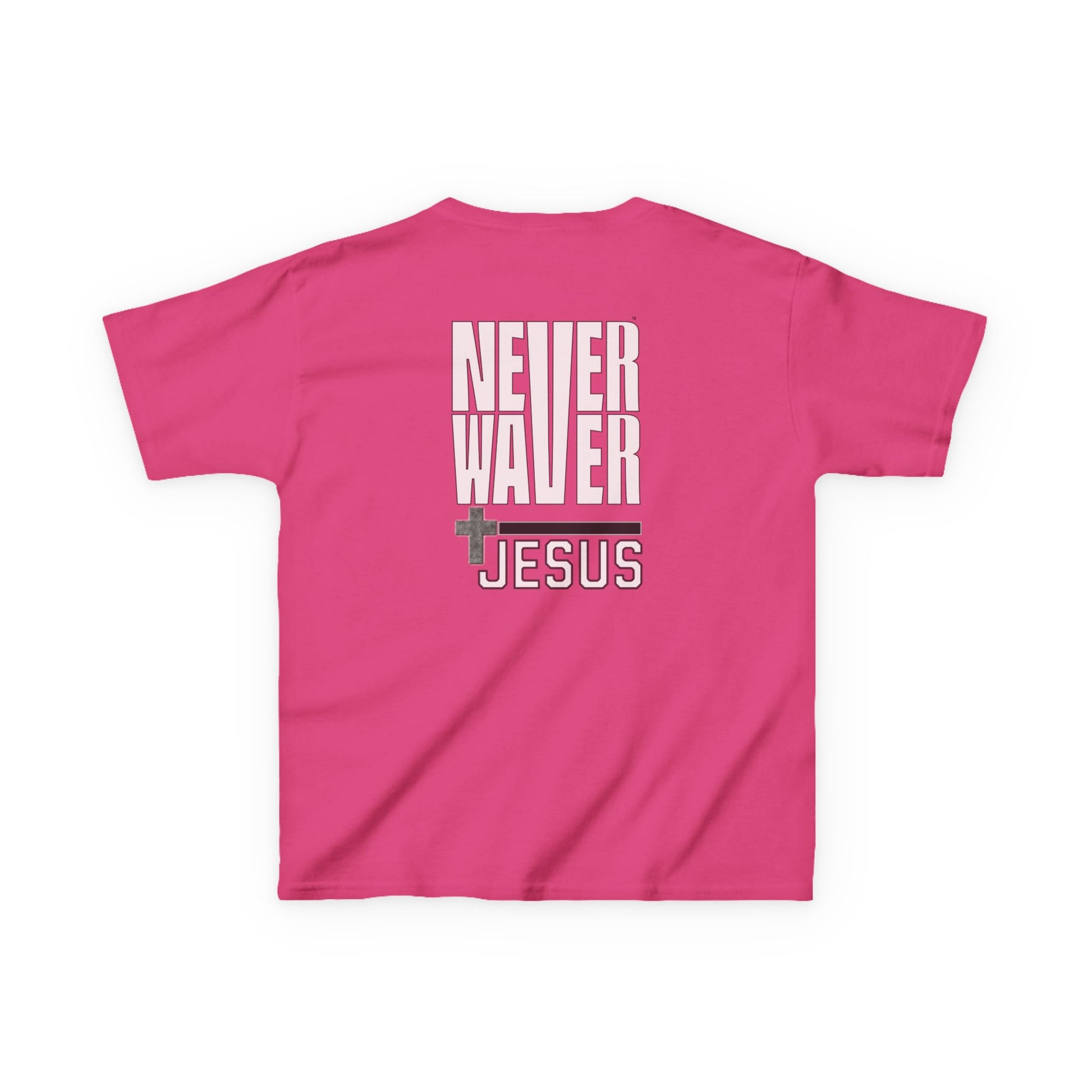 Kids Golf Tee -Never Waver” Jesus a bold, eye-catching design that reflects a steadfast faith and confidence in Christ. - Never Waver