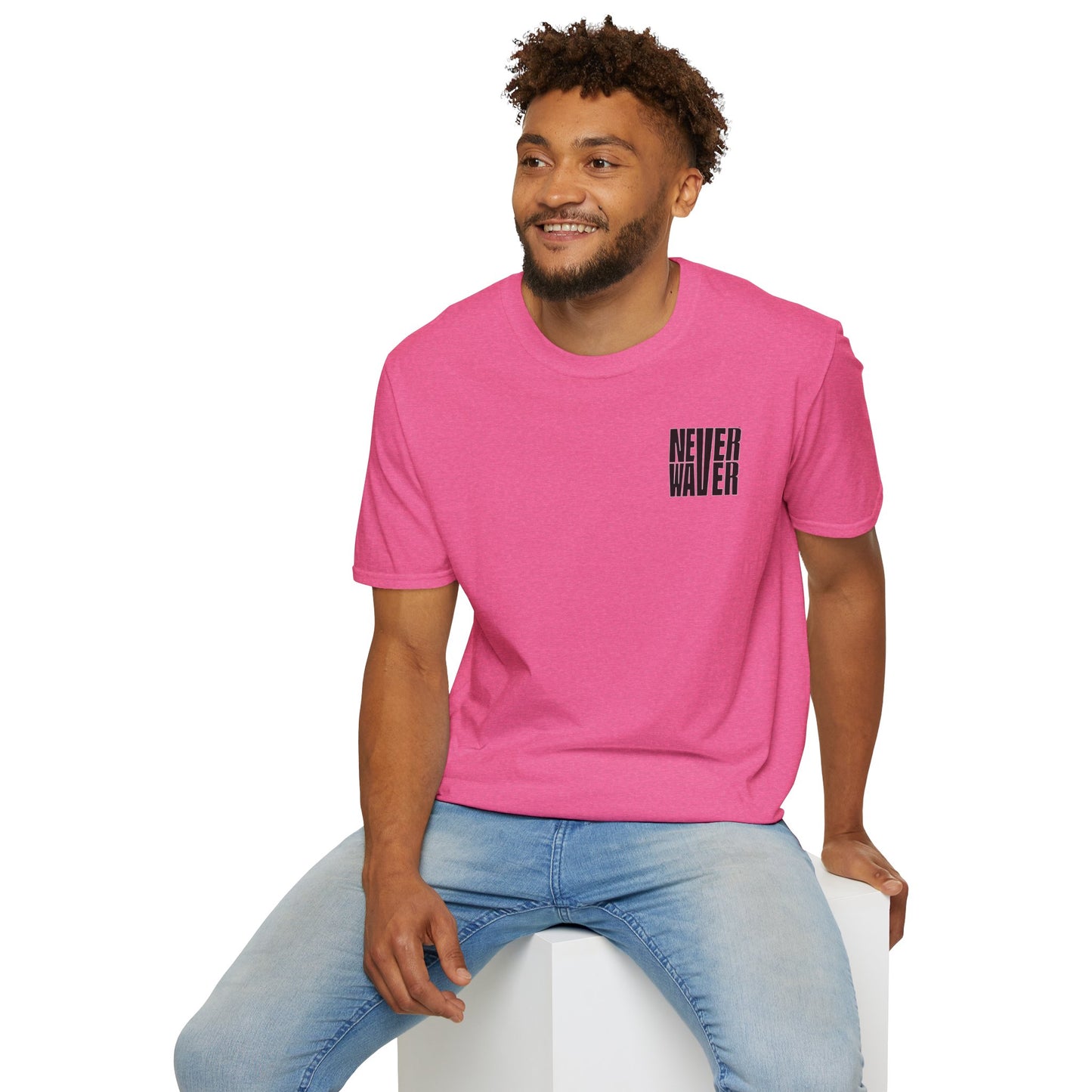 Never Waver” Jesus a bold, eye-catching design that reflects a steadfast faith and confidence in Christ. Unisex Soft style T-Shirt - Never Waver