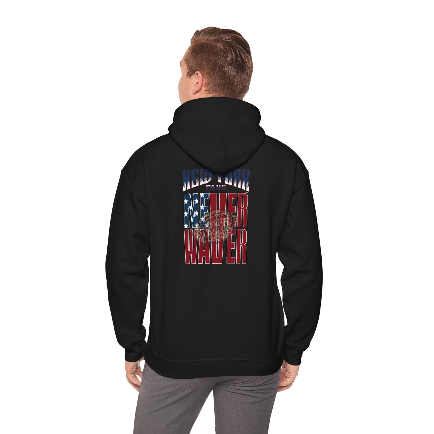 Unisex Heavy Blend™ Hooded Sweatshirt - 'New York Fans Never Waver W Leopard Football' American Pride Design - Never Waver