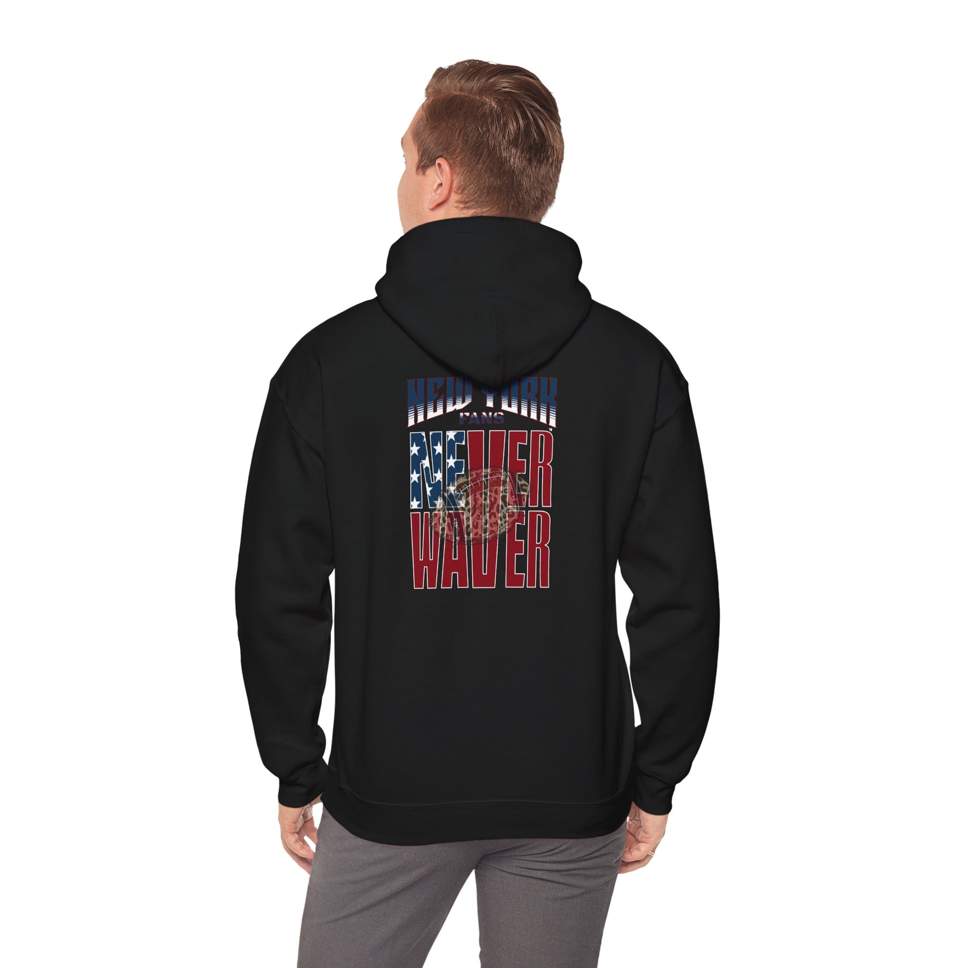 Unisex Heavy Blend™ Hooded Sweatshirt - 'New York Fans Never Waver W Leopard Football' American Pride Design - Never Waver