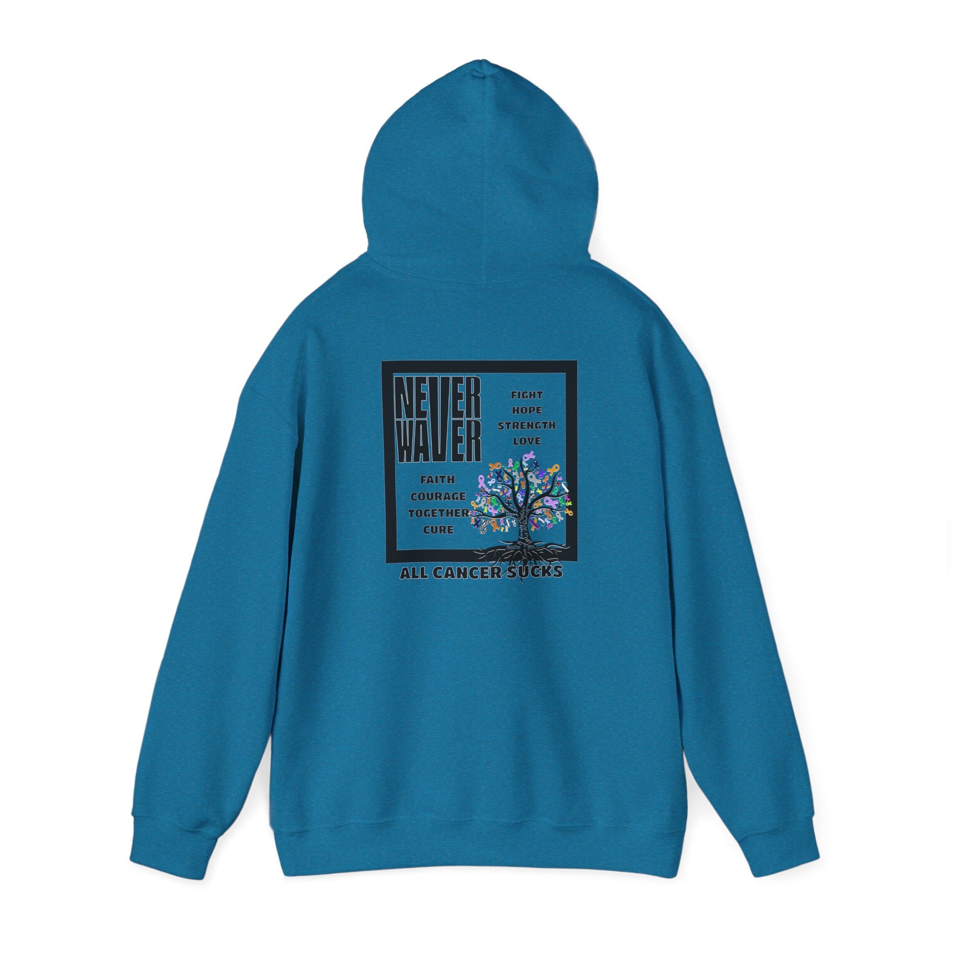 Cancer Awareness Hoodie - Never Waver - Fight, Hope, Strength, Love Tree of Ribbons - Never Waver