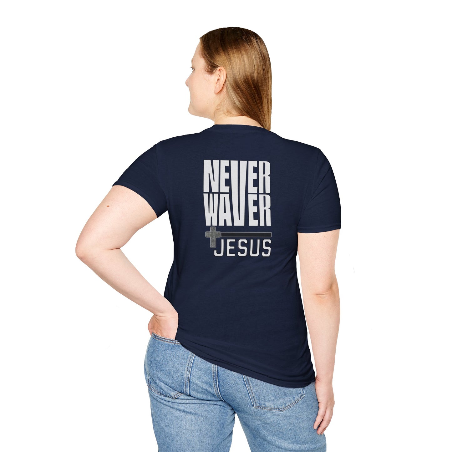 Never Waver” Jesus a bold, eye-catching design that reflects a steadfast faith and confidence in Christ.  Unisex Soft style T-Shirt
