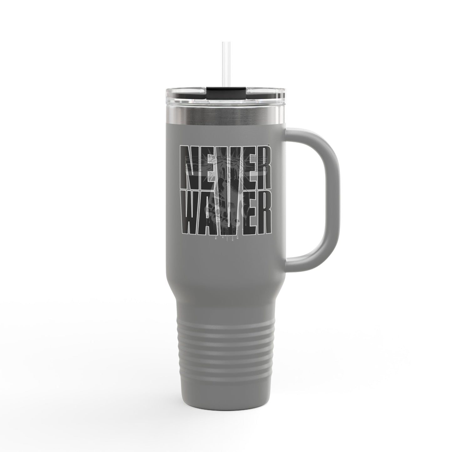Insulated Travel Mug - "Never Wave Jesus  feature a bold, eye-catching design that reflects a steadfast faith and confidence in Christ. " - 40oz Sporty Drinkware - Never Waver