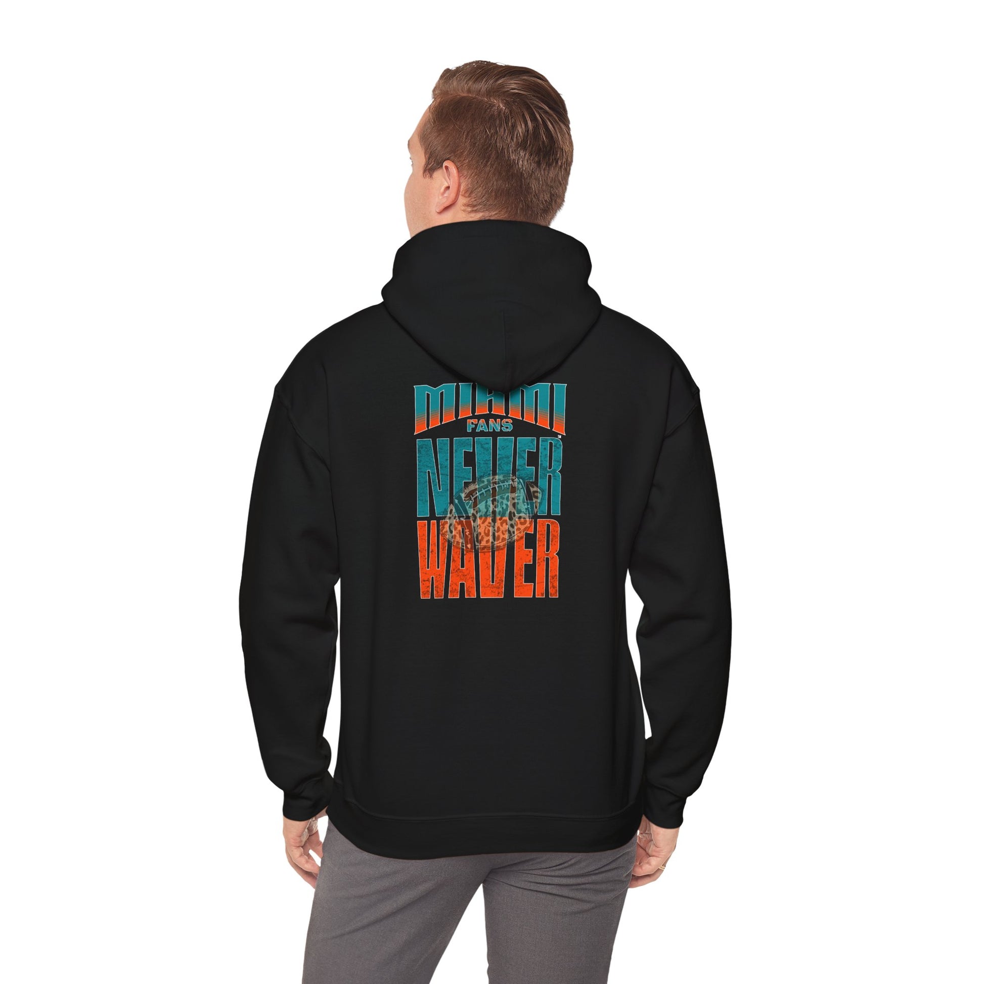 Unisex Heavy Blend™ Hooded Sweatshirt -Miami Fans  NEVER WAVER w Leopard Football | Cozy Streetwear for Every Day - Never Waver
