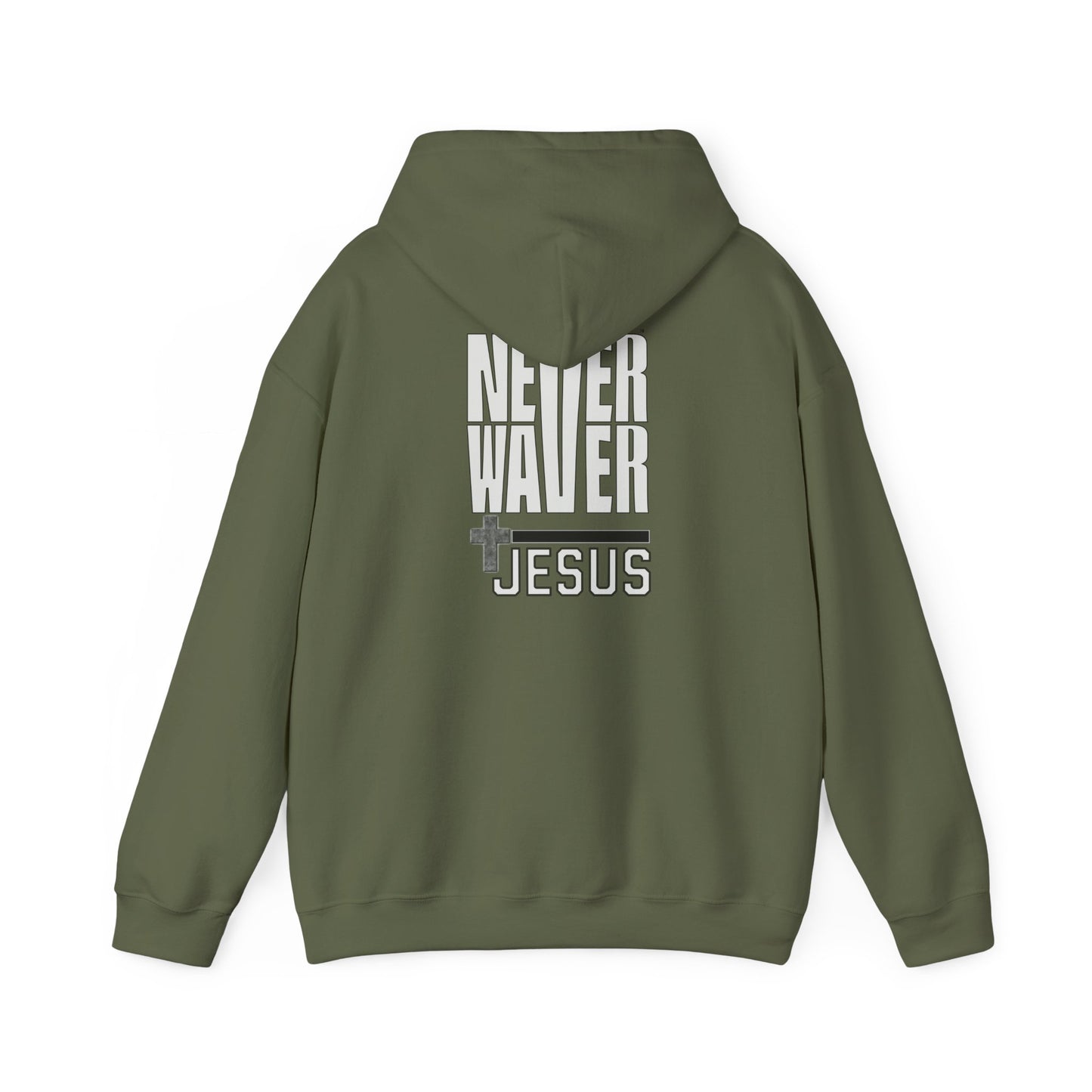 Never Waver” Jesus a bold, eye-catching design that reflects a steadfast faith and confidence in Christ. Hoodie - Unisex Heavy Blend™ Sweatshirt - Never Waver