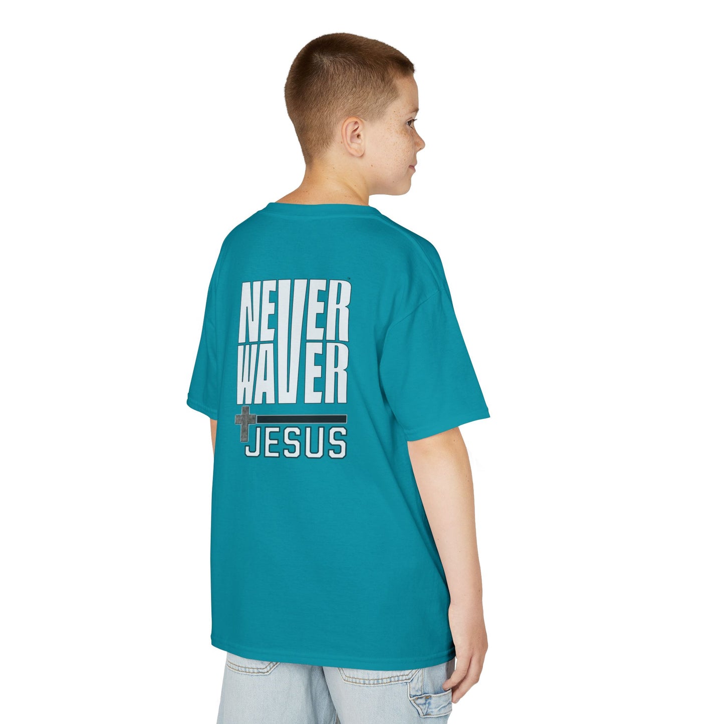 Kids Golf Tee -Never Waver” Jesus a bold, eye-catching design that reflects a steadfast faith and confidence in Christ. - Never Waver