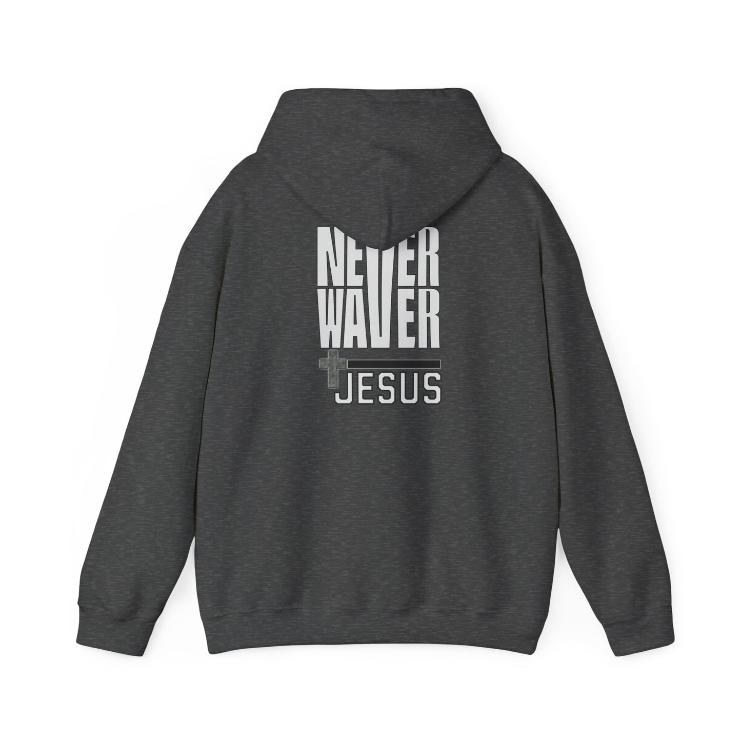 Never Waver” Jesus a bold, eye-catching design that reflects a steadfast faith and confidence in Christ. Hoodie - Unisex Heavy Blend™ Sweatshirt - Never Waver