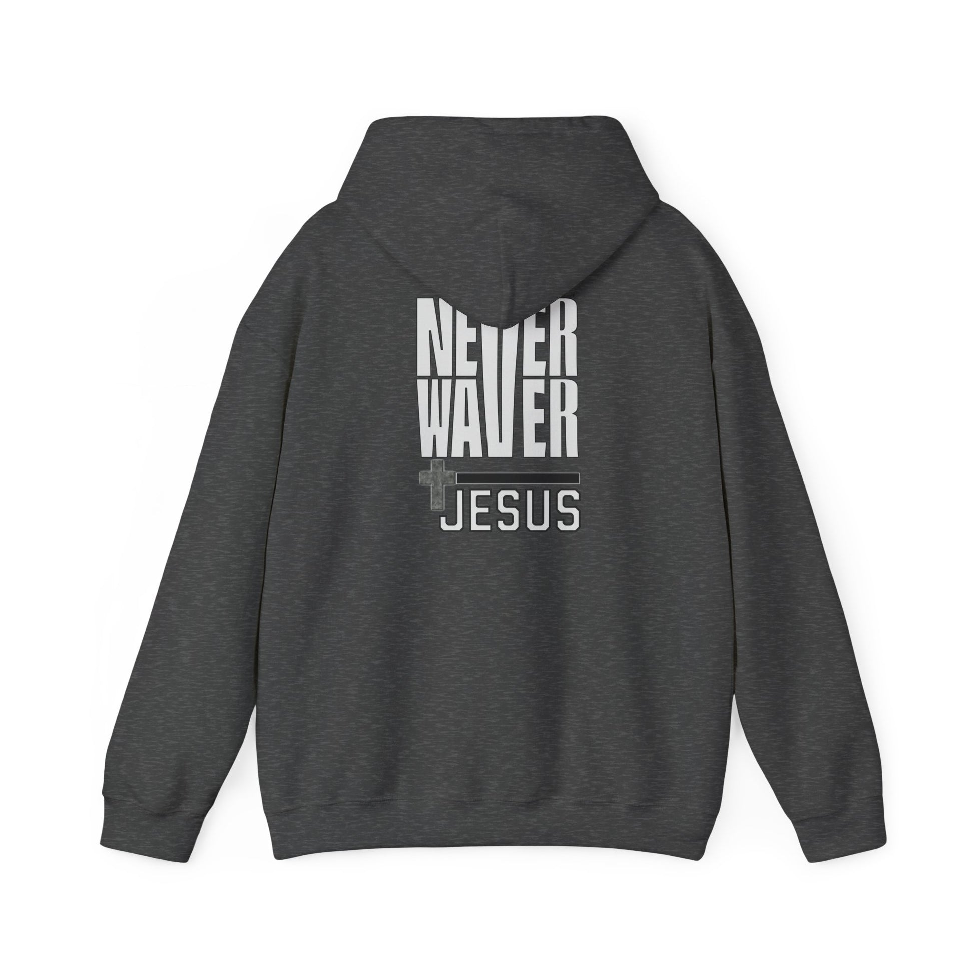 Never Waver” Jesus a bold, eye-catching design that reflects a steadfast faith and confidence in Christ. Hoodie - Unisex Heavy Blend™ Sweatshirt - Never Waver