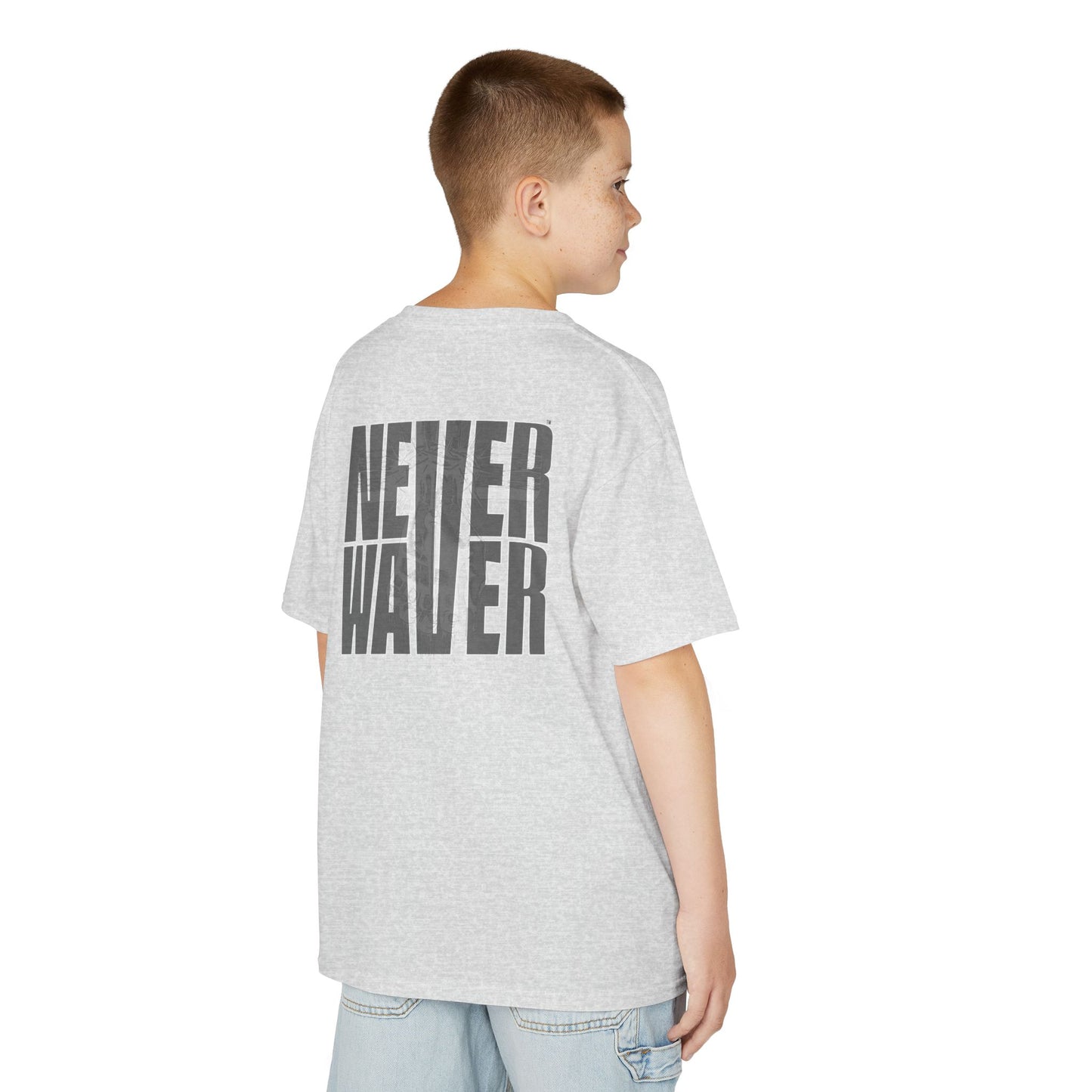 Kids Tee Never Waver” Jesus t-shirt might feature a bold, eye-catching design that reflects a steadfast faith and confidence in Christ.  - Never Waver