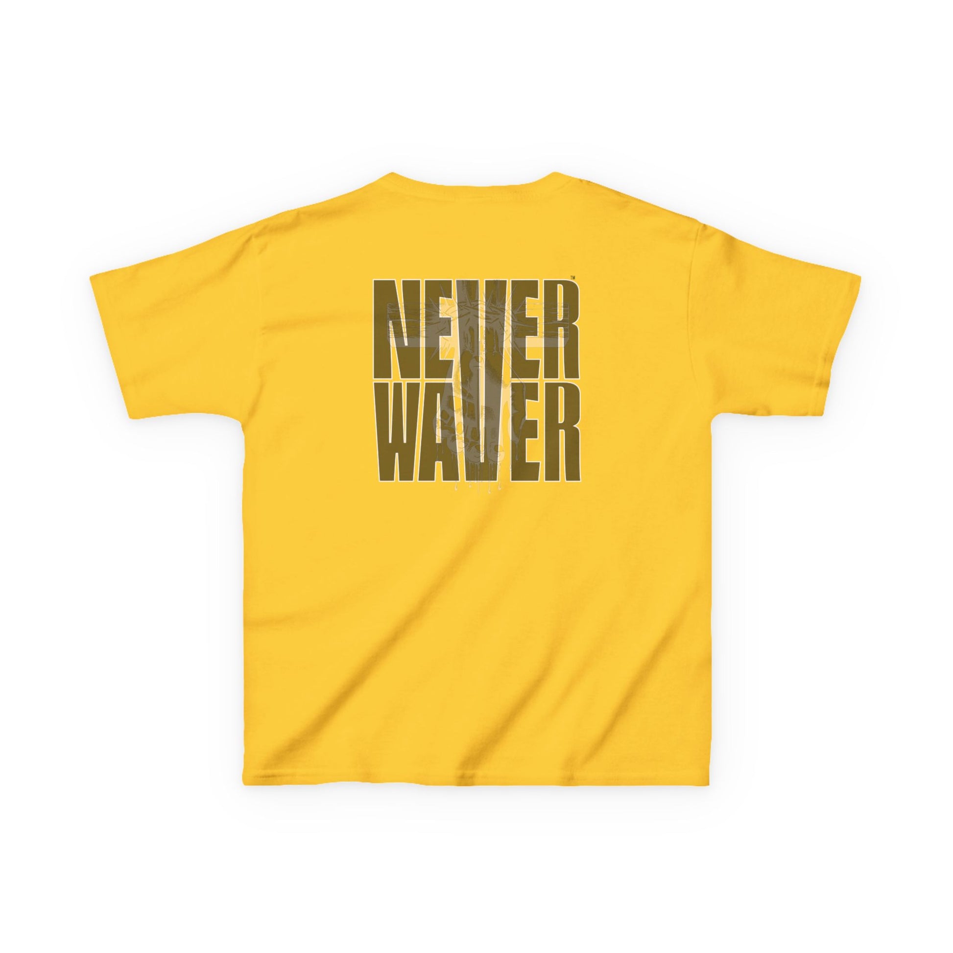 Kids Tee Never Waver” Jesus t-shirt might feature a bold, eye-catching design that reflects a steadfast faith and confidence in Christ.  - Never Waver