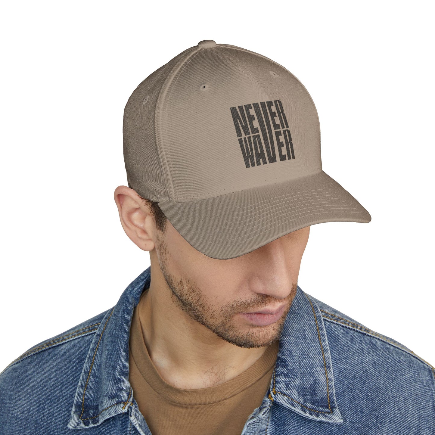 Never Waver Embroidered Cap - Structured White Baseball Hat for Motivation and Style
