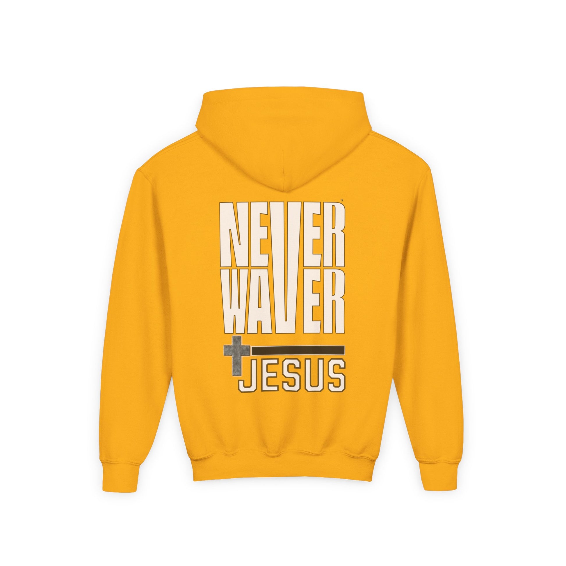 Youth Jesus Hoodie - "Never Waver” Jesus bold, eye-catching design that reflects a steadfast faith and confidence in Christ. " Sweatshirt for Young Jesus Lovers - Never Waver