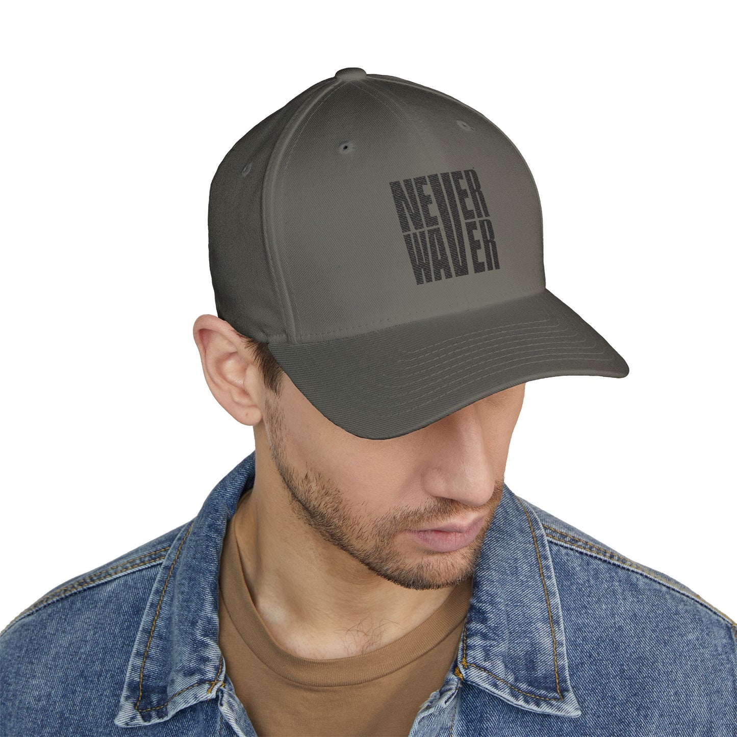 Never Waver Embroidered Cap - Structured White Baseball Hat for Motivation and Style