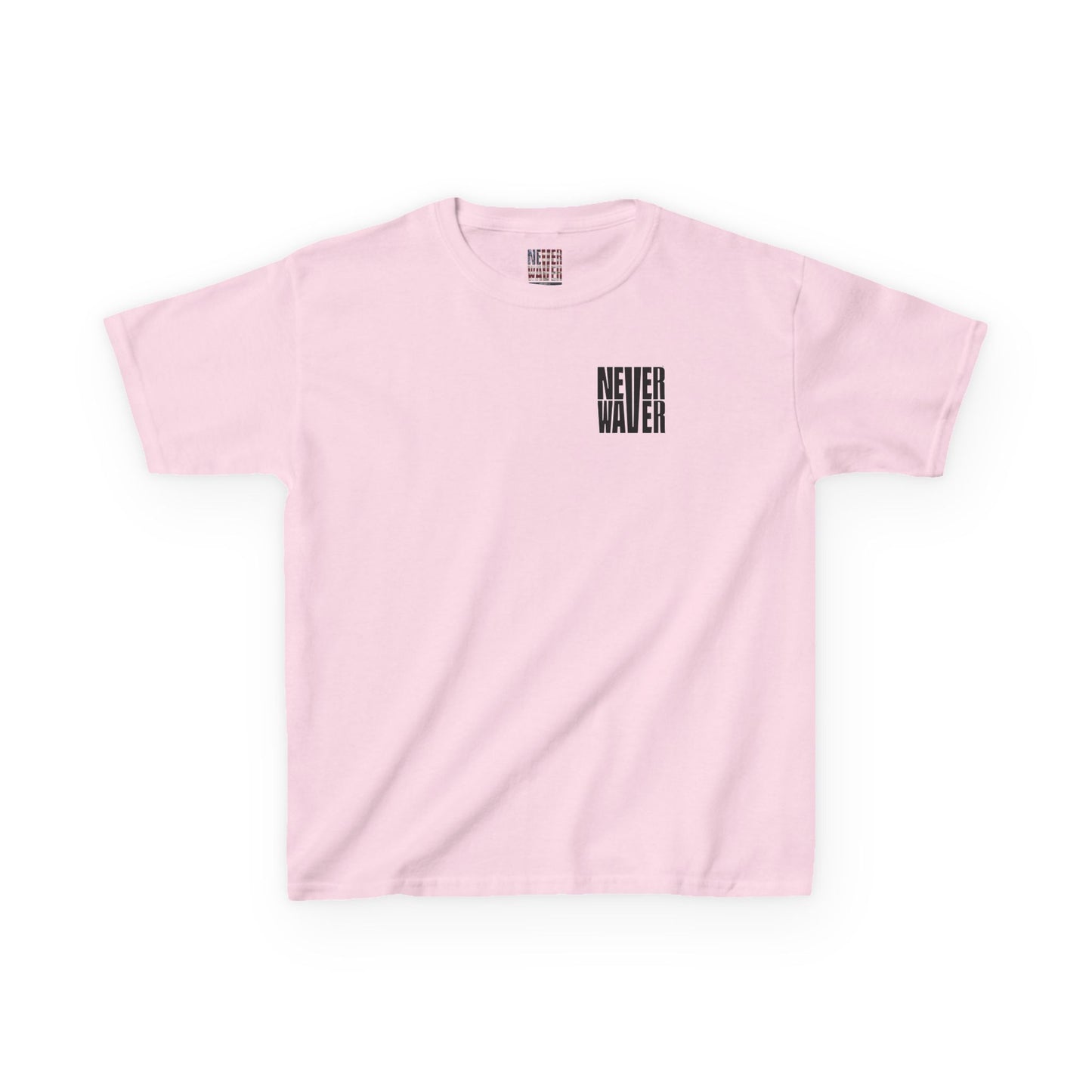 Kids Tee Never Waver” Jesus t-shirt might feature a bold, eye-catching design that reflects a steadfast faith and confidence in Christ.  - Never Waver