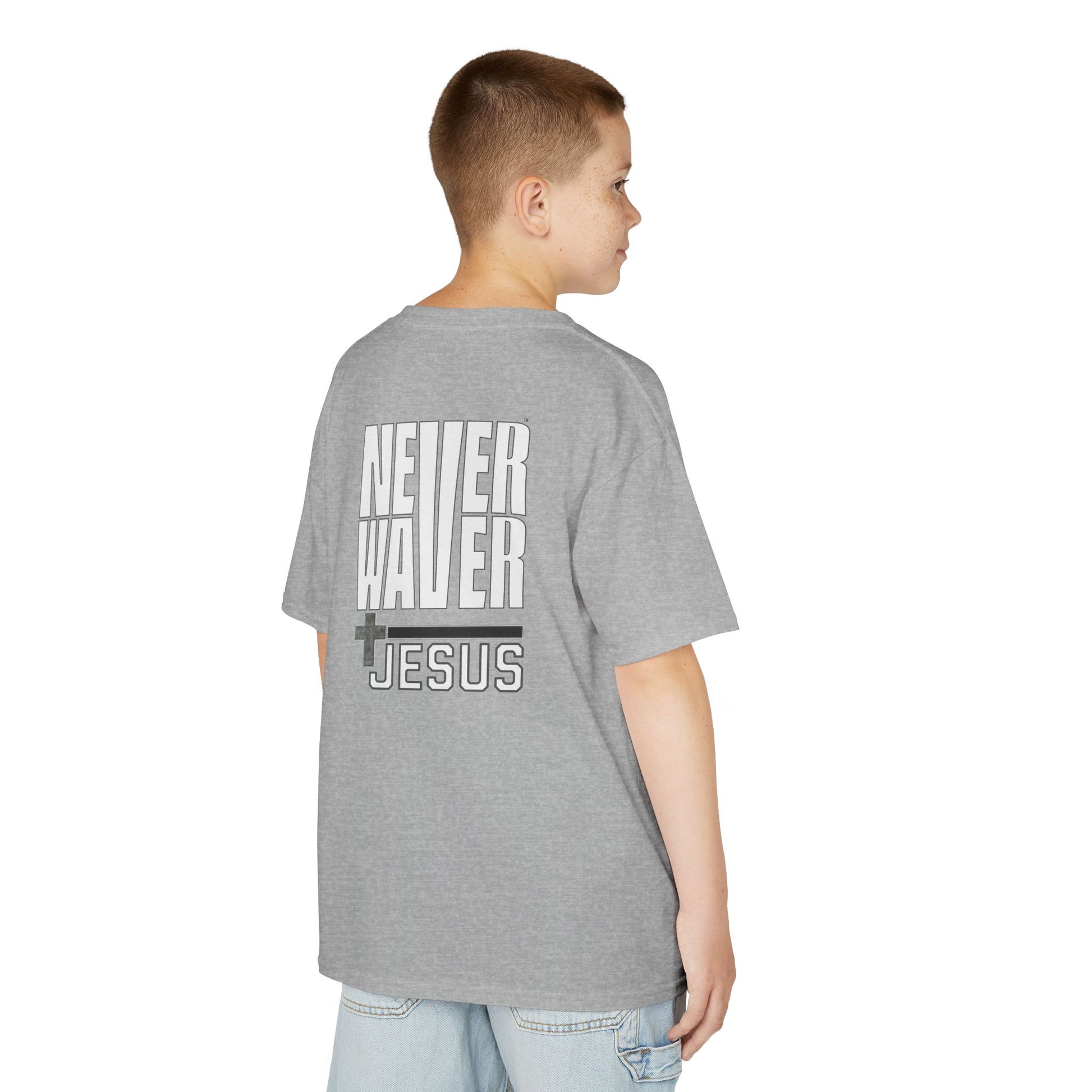 Kids Golf Tee -Never Waver” Jesus a bold, eye-catching design that reflects a steadfast faith and confidence in Christ. - Never Waver