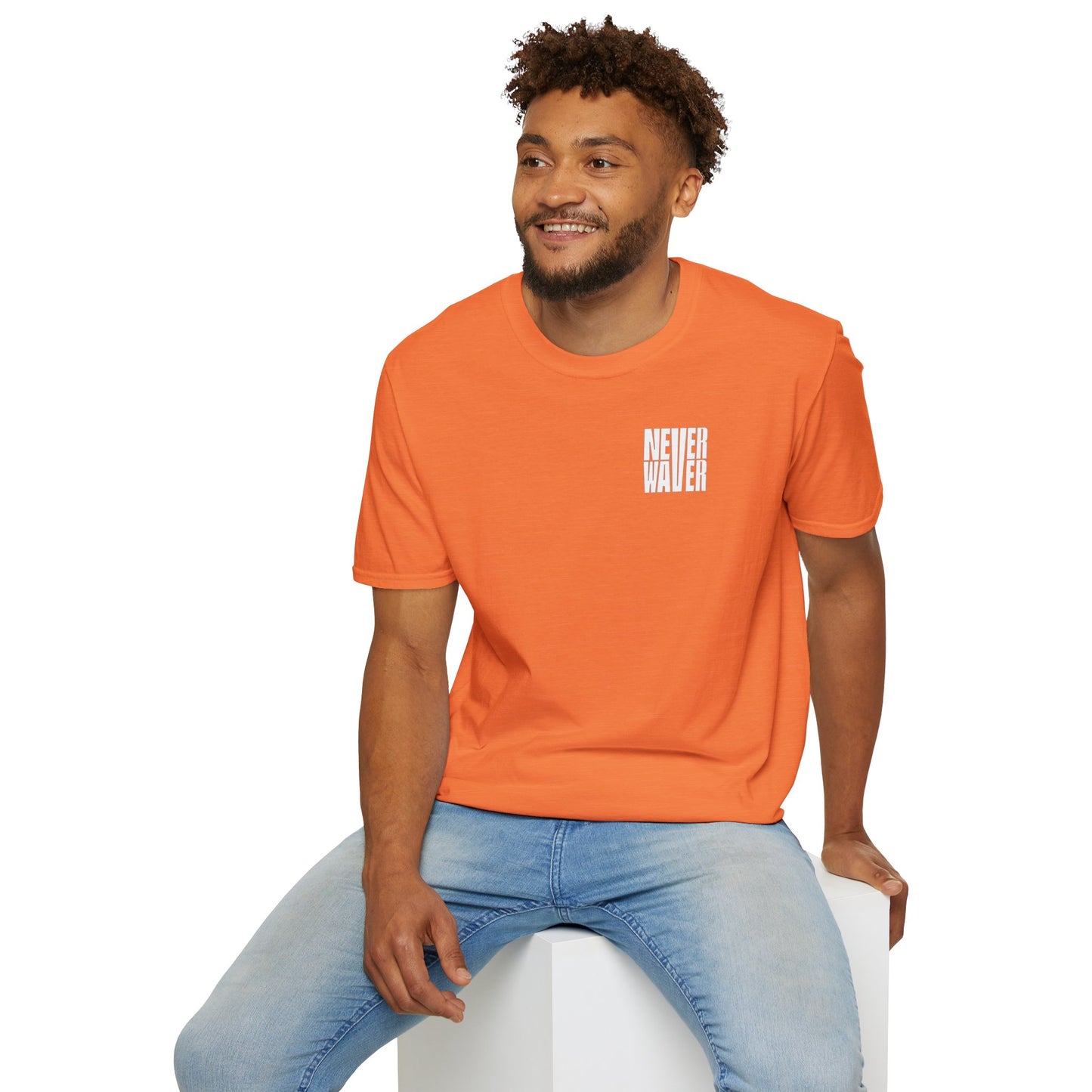 Never Waver” Jesus a bold, eye-catching design that reflects a steadfast faith and confidence in Christ.  Unisex Soft style T-Shirt