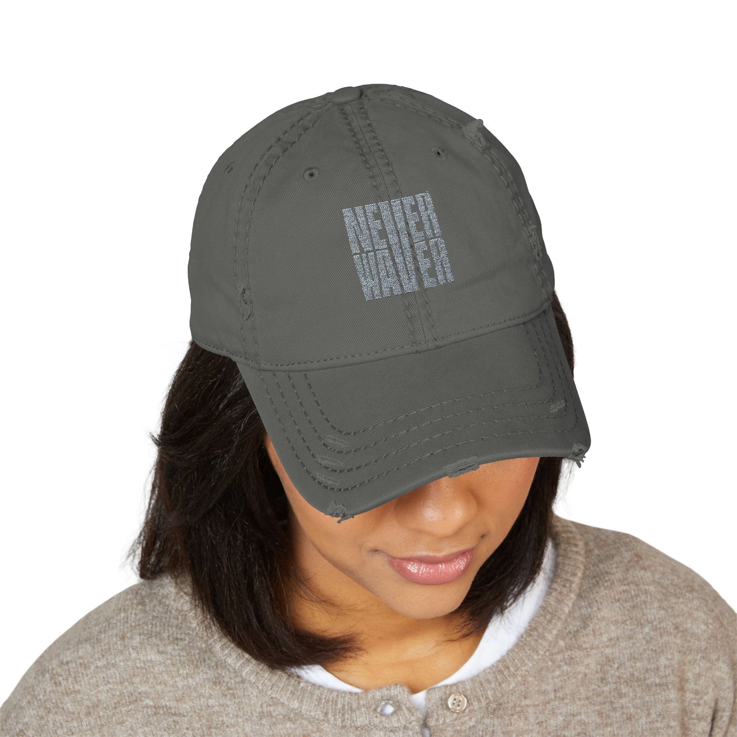 Distressed Dad Hat with 'Never Waver' Embroidery - Casual Style for Everyday Adventures