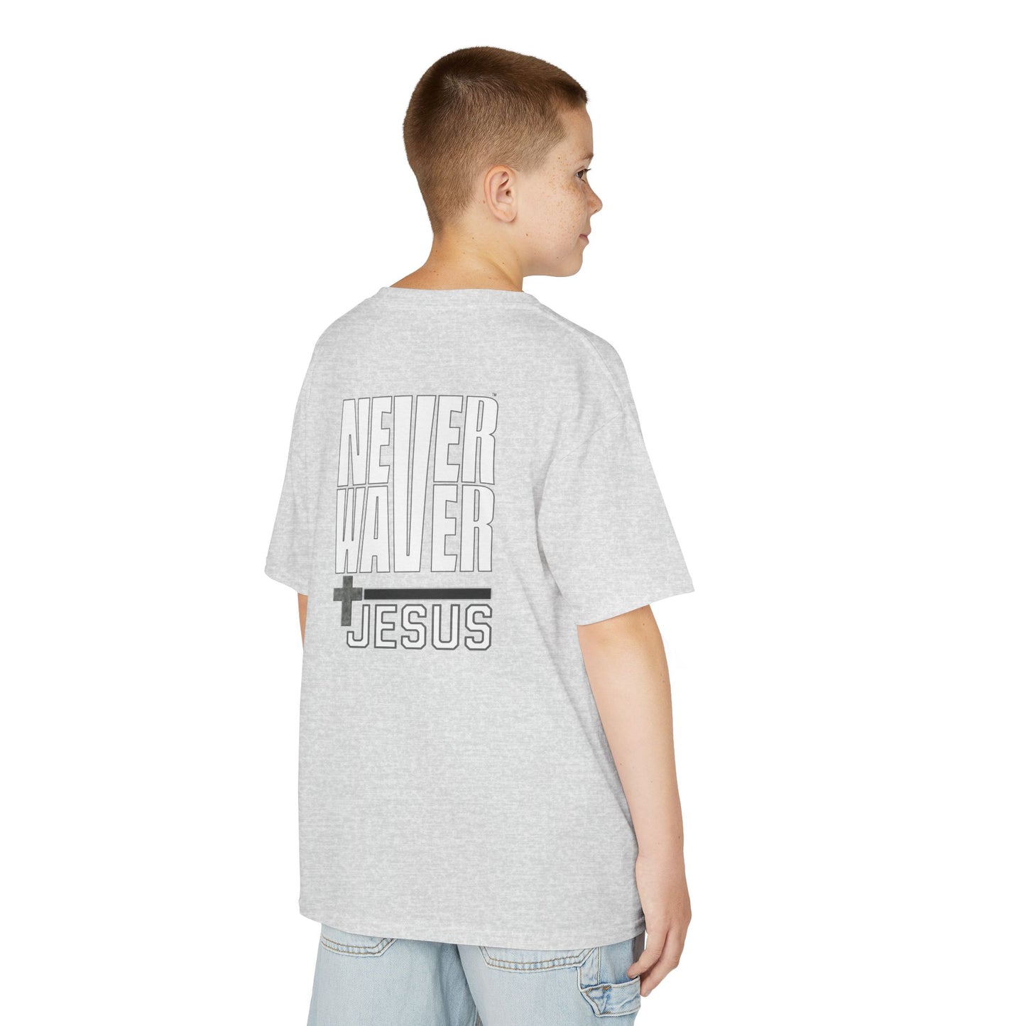 Kids Golf Tee -Never Waver” Jesus a bold, eye-catching design that reflects a steadfast faith and confidence in Christ. - Never Waver