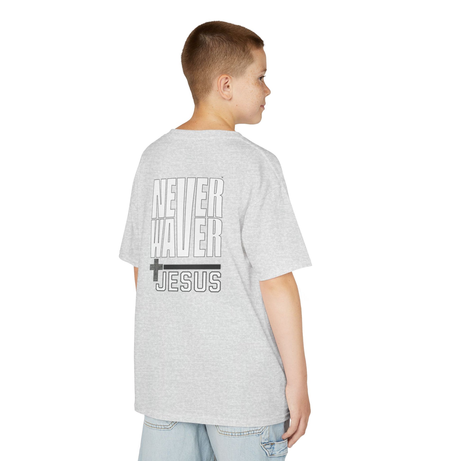 Kids Golf Tee -Never Waver” Jesus a bold, eye-catching design that reflects a steadfast faith and confidence in Christ. - Never Waver