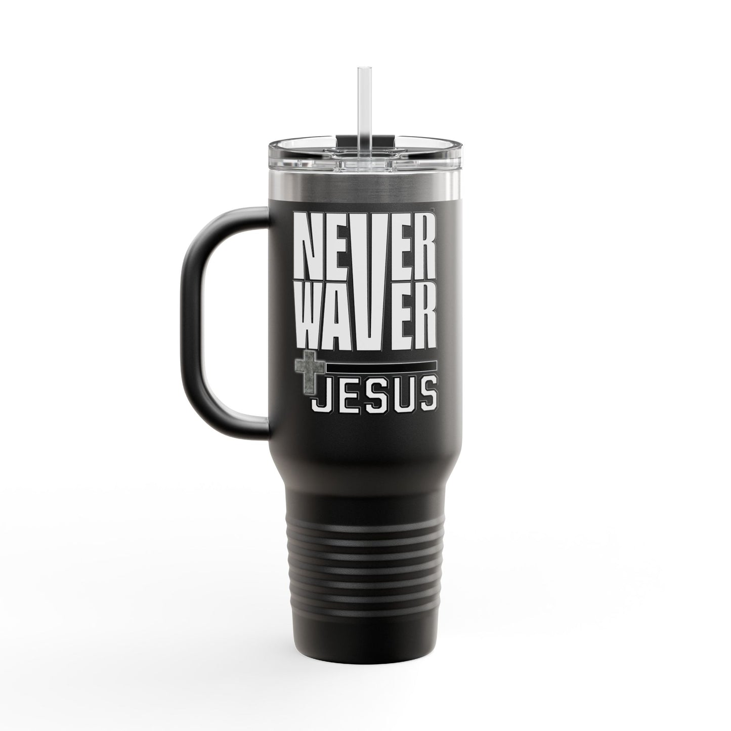 Insulated Travel Mug - "Never Waver” Jesus a bold, eye-catching design that reflects a steadfast faith and confidence in Christ. " - 40oz Sporty Drinkware - Never Waver