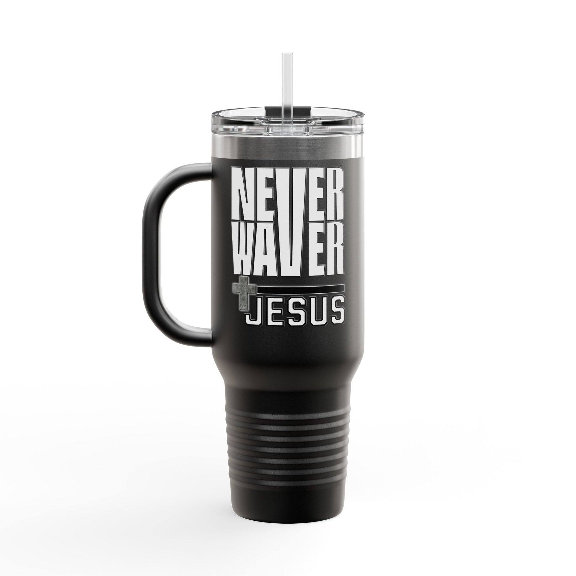 Insulated Travel Mug - "Never Waver” Jesus a bold, eye-catching design that reflects a steadfast faith and confidence in Christ. " - 40oz Sporty Drinkware - Never Waver